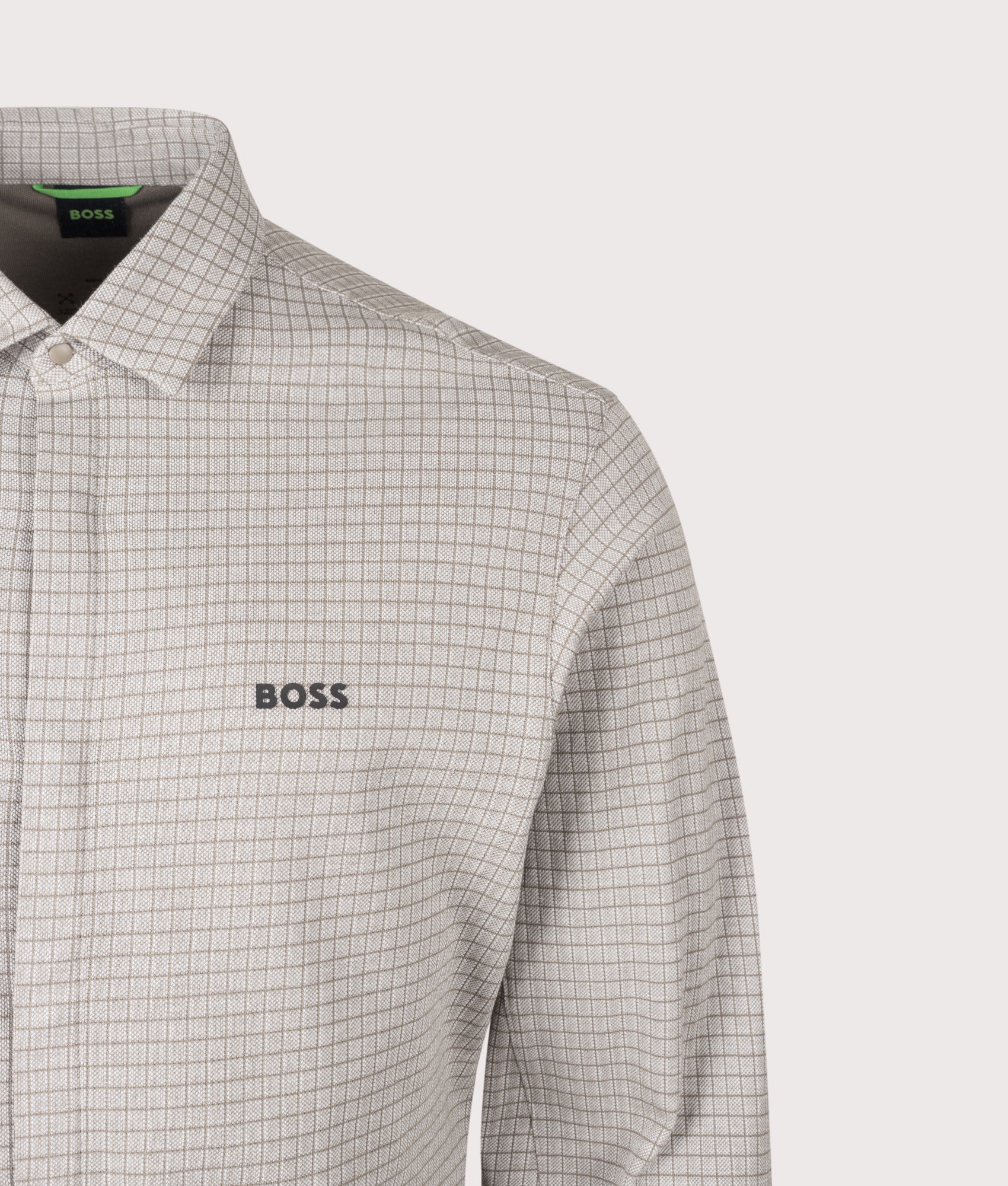 BOSS Dymova Shirt in Light/Pastel Green at EQVVS Menswear. Detail shot.