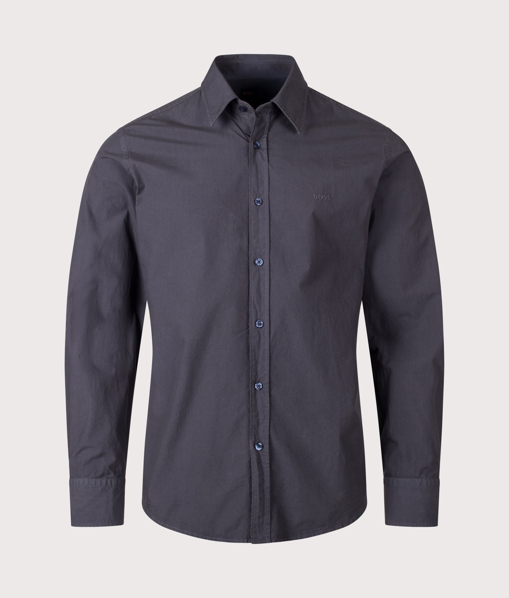 BOSS Regular Fit Relegant 6 M Shirt in Dark Blue at EQVVS Menswear. Front shot.