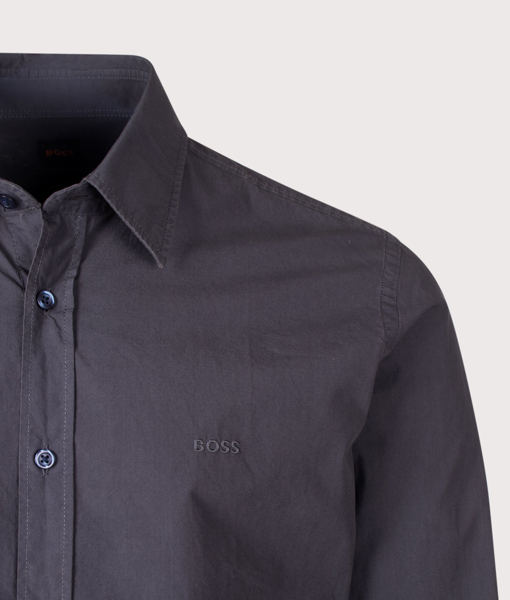 BOSS Regular Fit Relegant 6 M Shirt in Dark Blue at EQVVS Menswear. Detail shot.