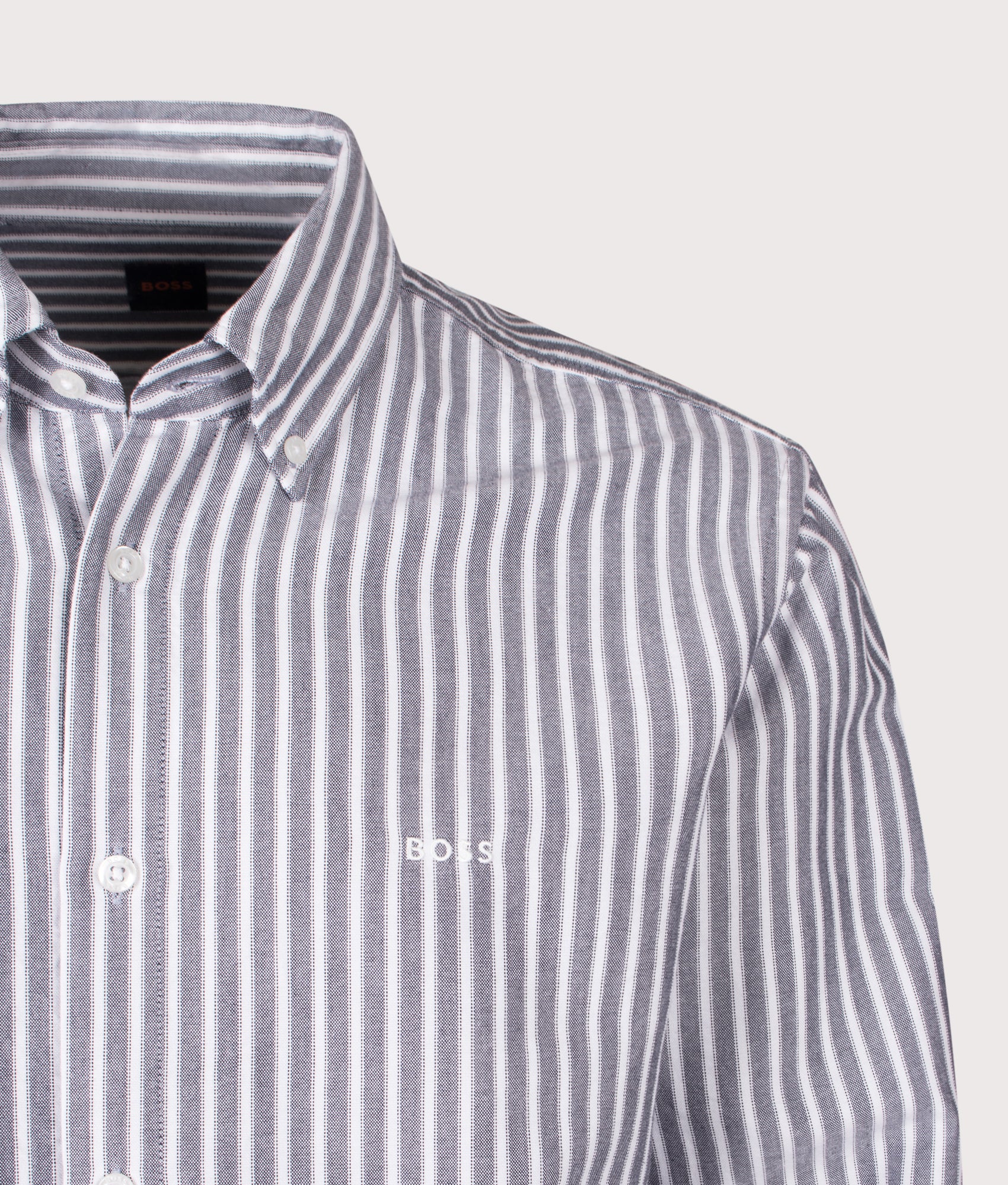 BOSS Regular Fit Ricoplus M Shirt in Dark Blue at EQVVS Menswear. Detail shot.
