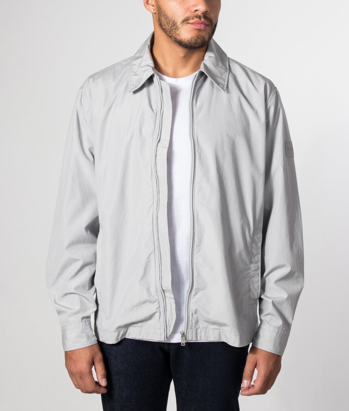 BOSS Oversized Lutti M Overshirt in Open Grey at EQVVS Menswear. Model front shot.