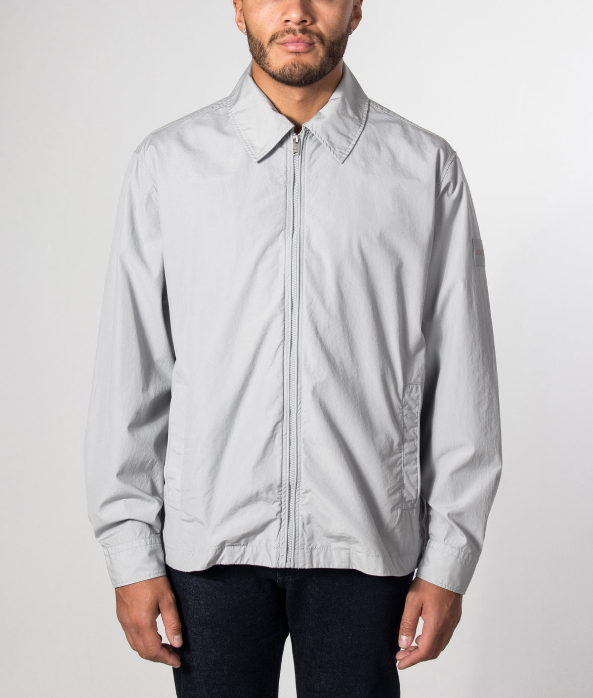 BOSS Oversized Lutti M Overshirt in Open Grey at EQVVS Menswear. Model front shot.