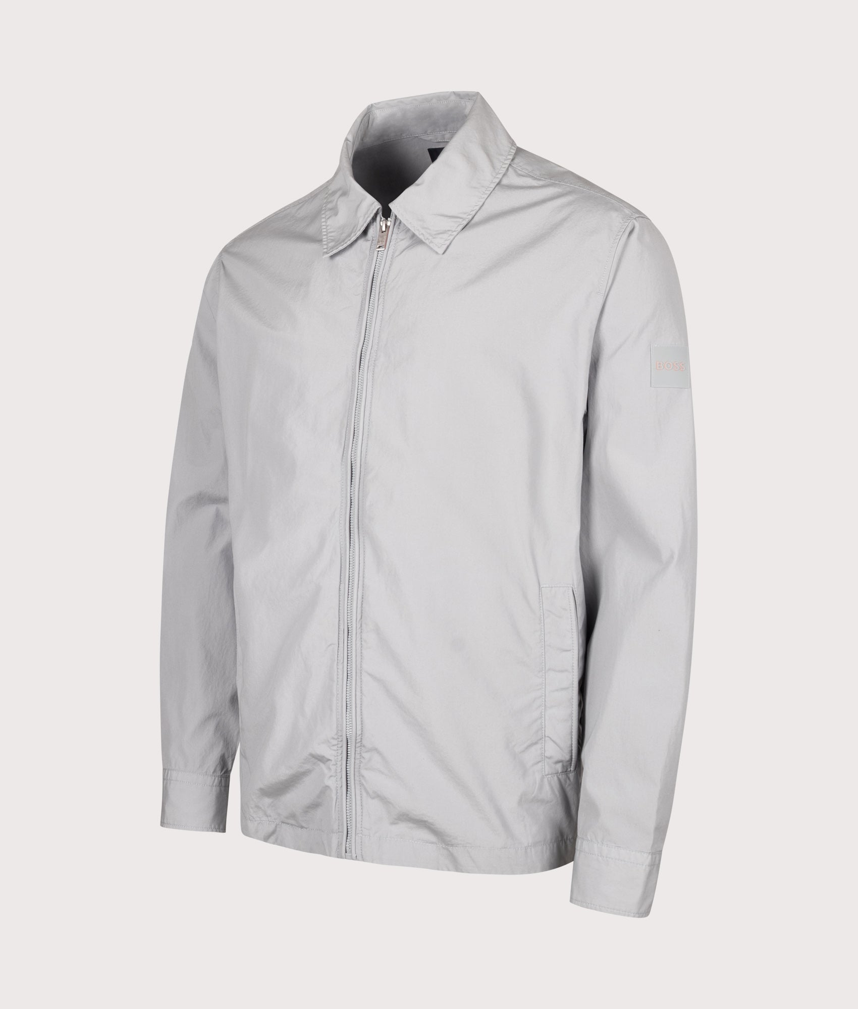 BOSS Oversized Lutti M Overshirt in Open Grey at EQVVS Menswear. Angled front shot.