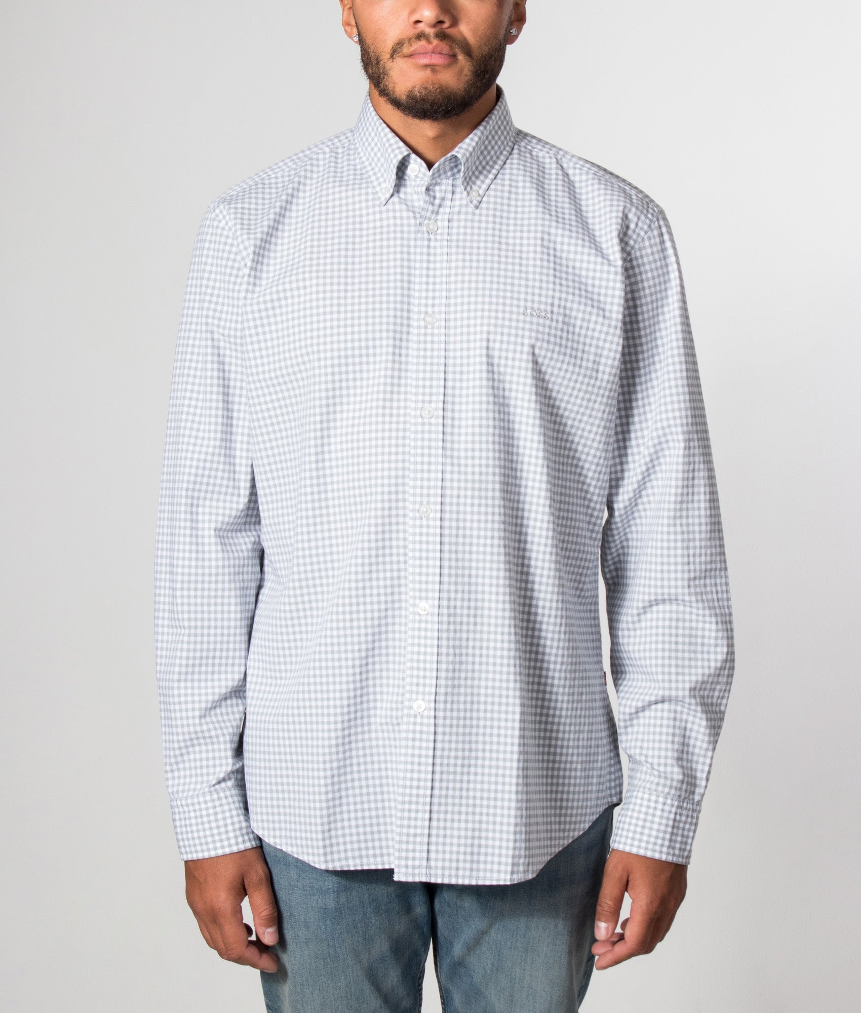 BOSS Rickert M Shirt in White at EQVVS Menswear. Model front shot.