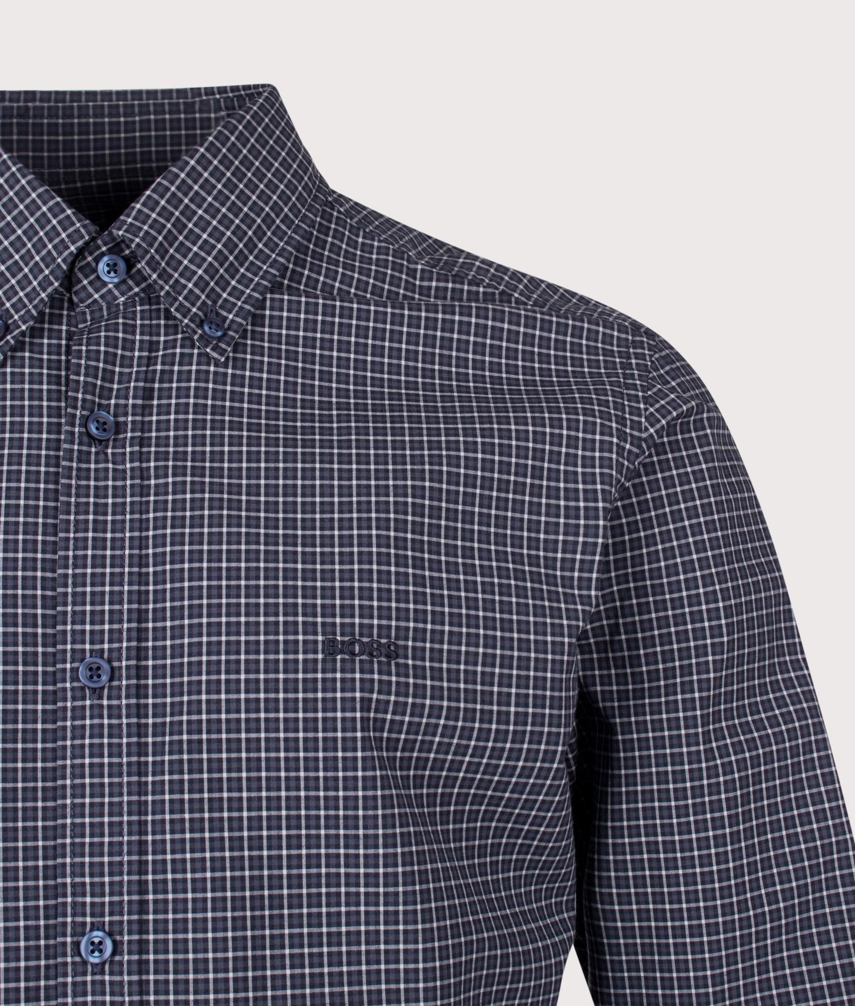 BOSS Rickert M Shirt in Dark Blue at EQVVS Menswear. Detail shot.