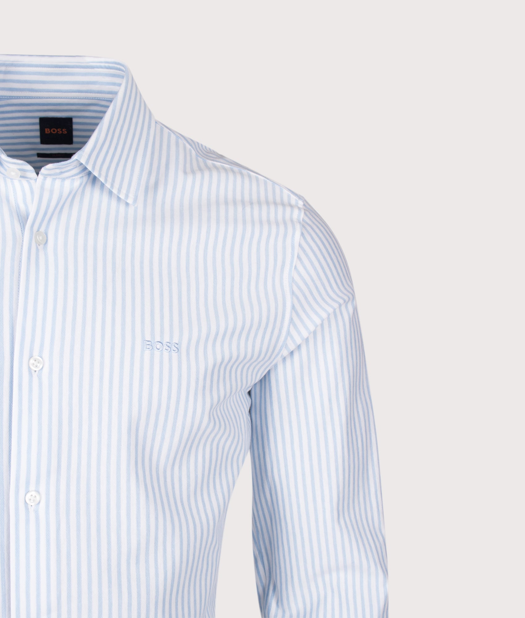 BOSS Slim Fit Mysoft 2 M Shirt in Open Blue at EQVVS Menswear. Detail shot.