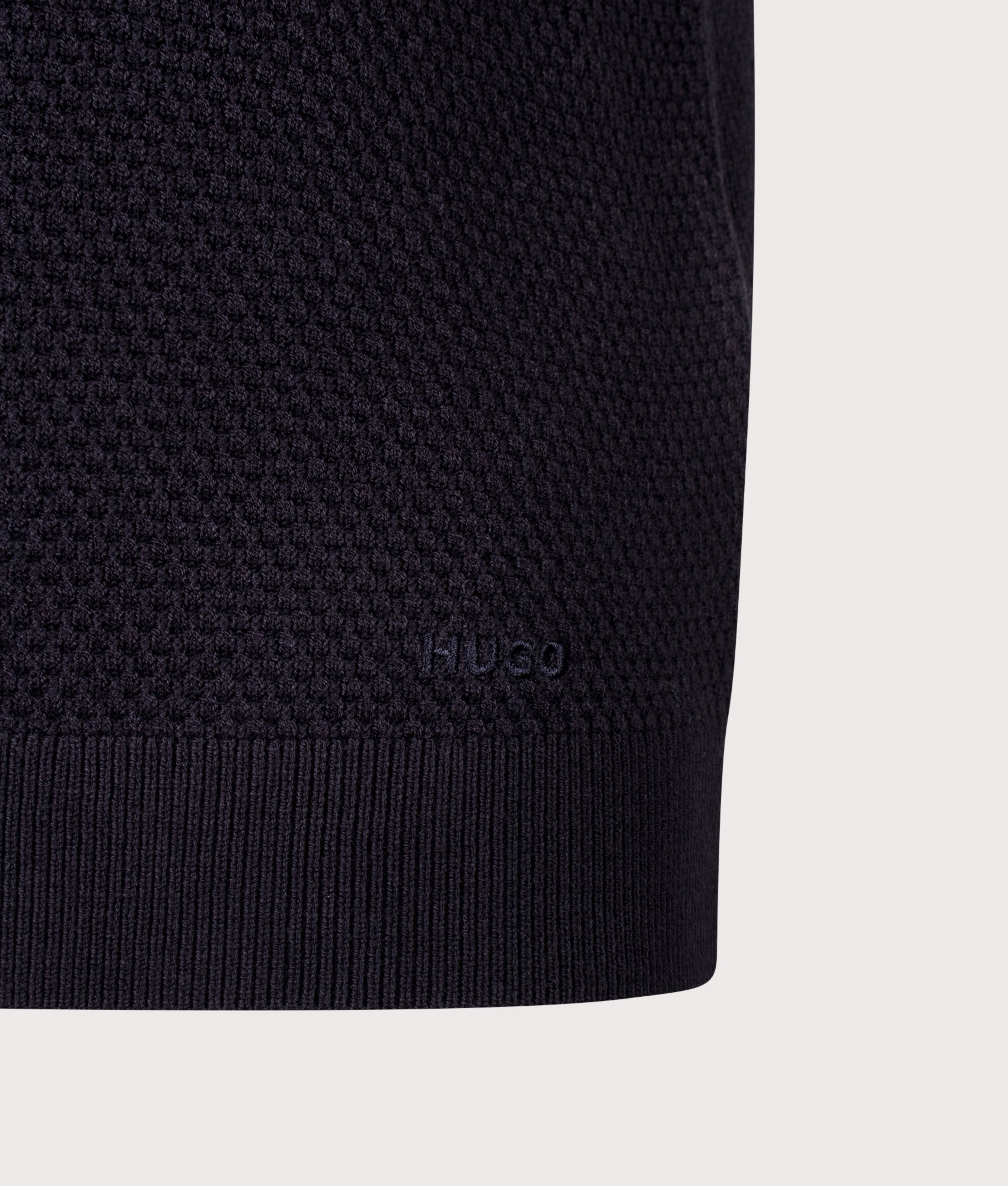 HUGO Regular Fit Sholton Polo Shirt in Dark Blue at EQVVS Menswear. Detail shot.