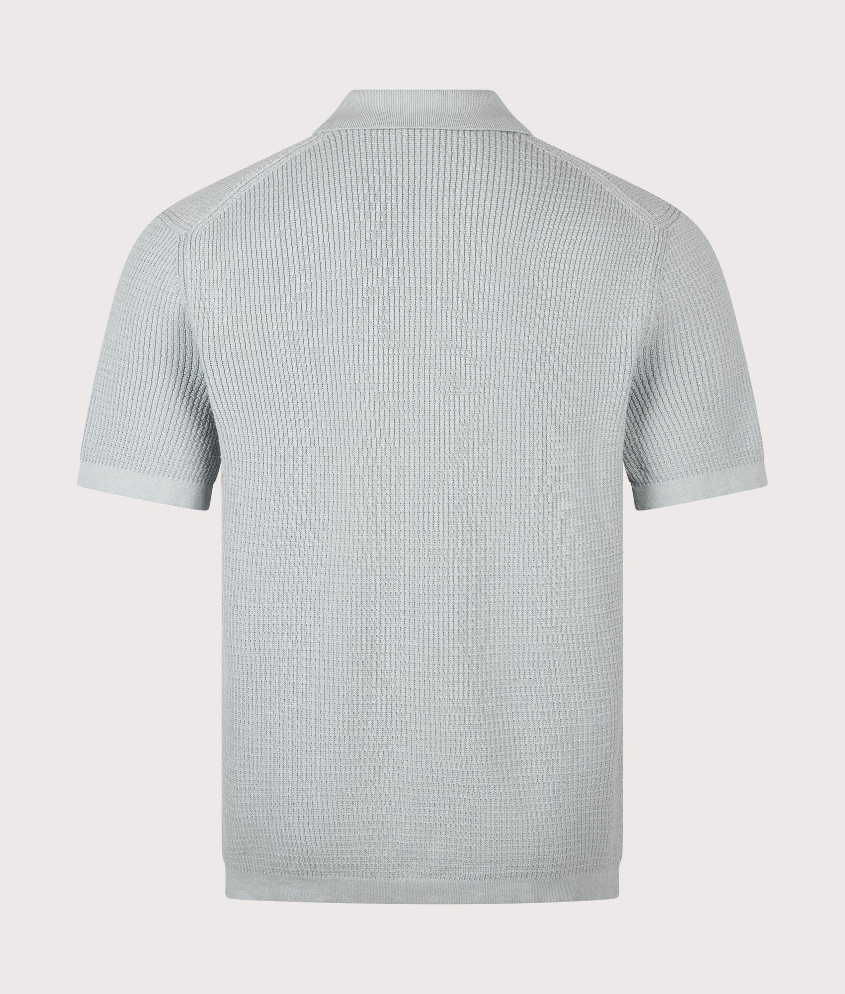 BOSS Relaxed Fit Akepalo Knitted Polo Shirt in Open Grey at EQVVS Menswear. Back shot.