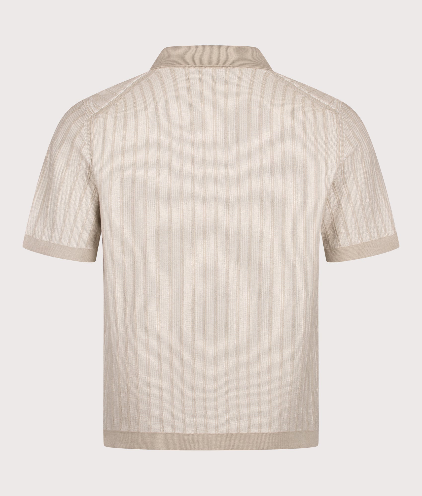 BOSS Relaxed Fit Kodd Knitted Polo Shirt in Light Beige at EQVVS Menswear. Back shot.