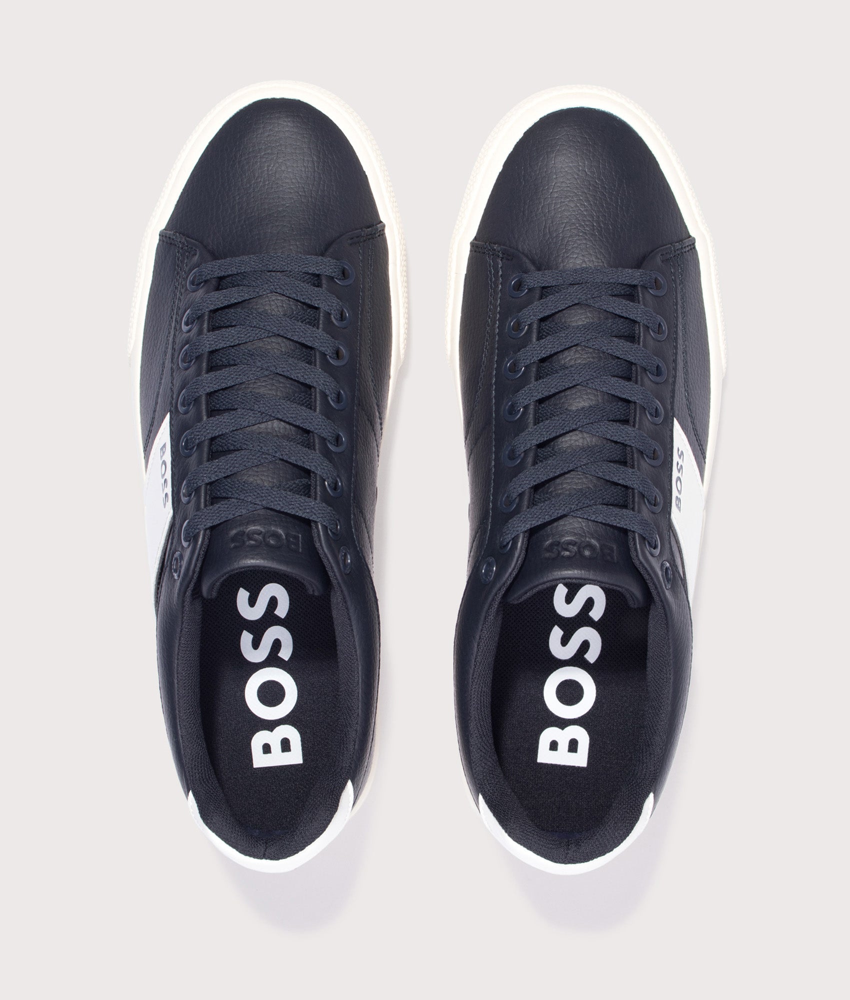 BOSS Aiden Tenn Trainers in Navy at EQVVS Menswear. Top shot.