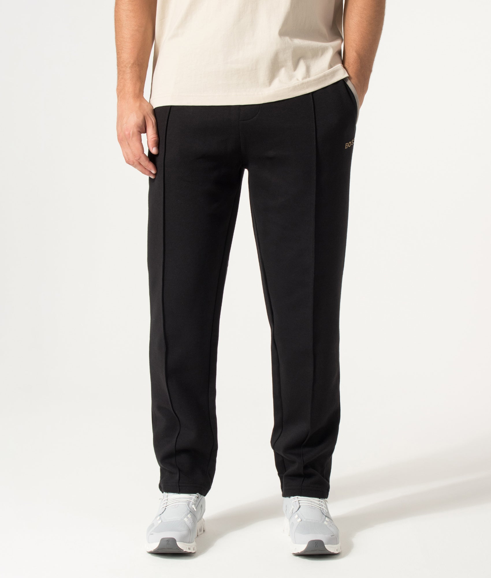 BOSS Regular Fit Sense Joggers in Black at EQVVS Menswear. Model front shot.