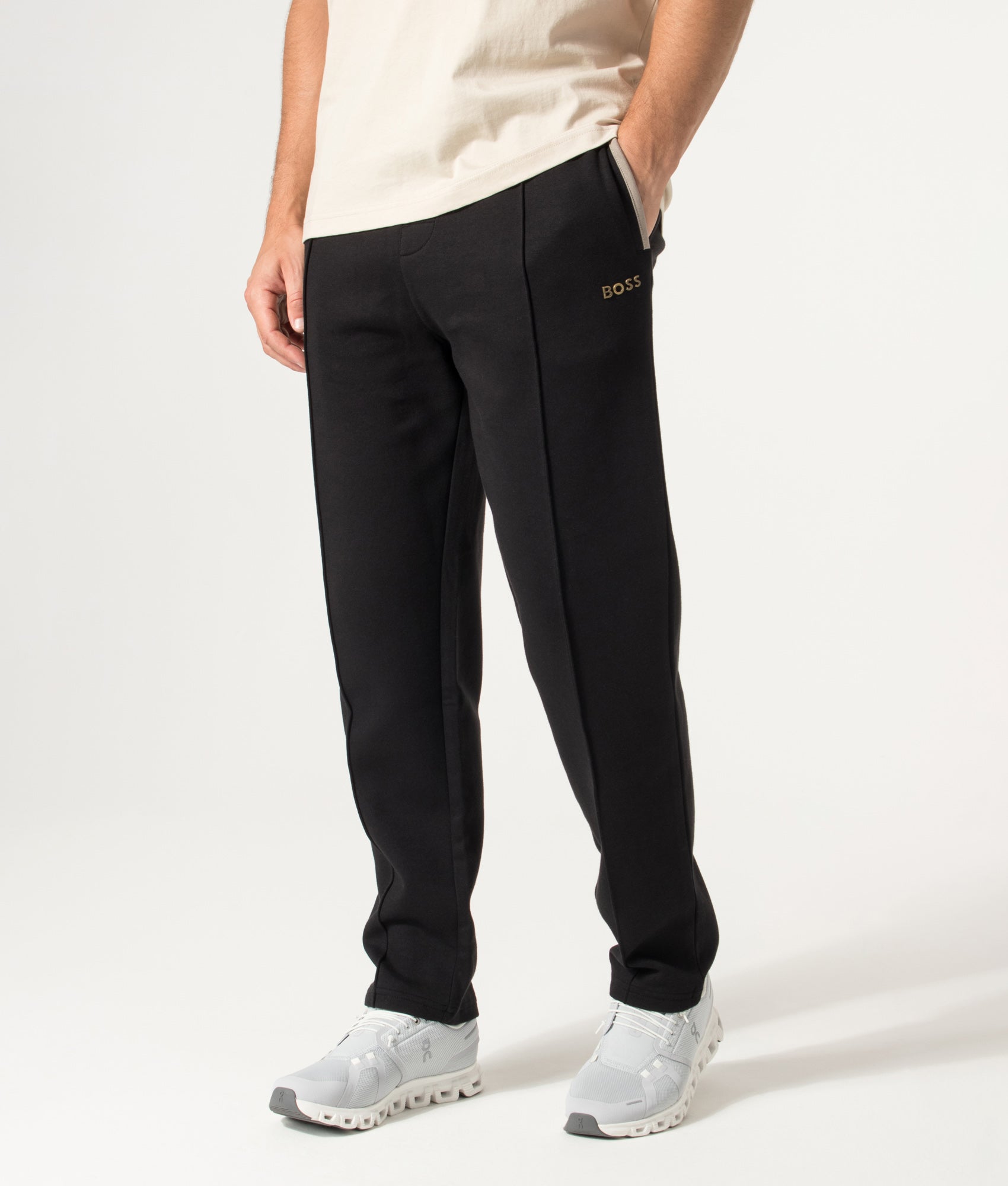 BOSS Regular Fit Sense Joggers in Black at EQVVS Menswear. Angled model front shot.
