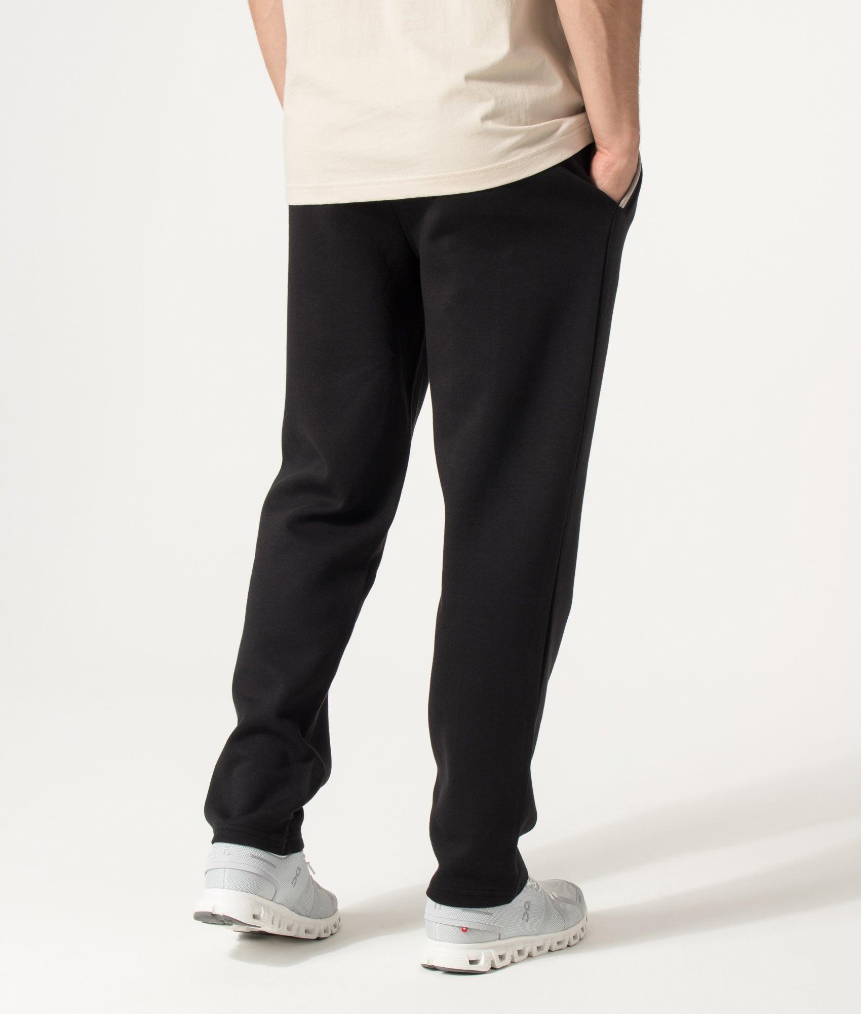 BOSS Regular Fit Sense Joggers in Black at EQVVS Menswear. Angled model front shot.