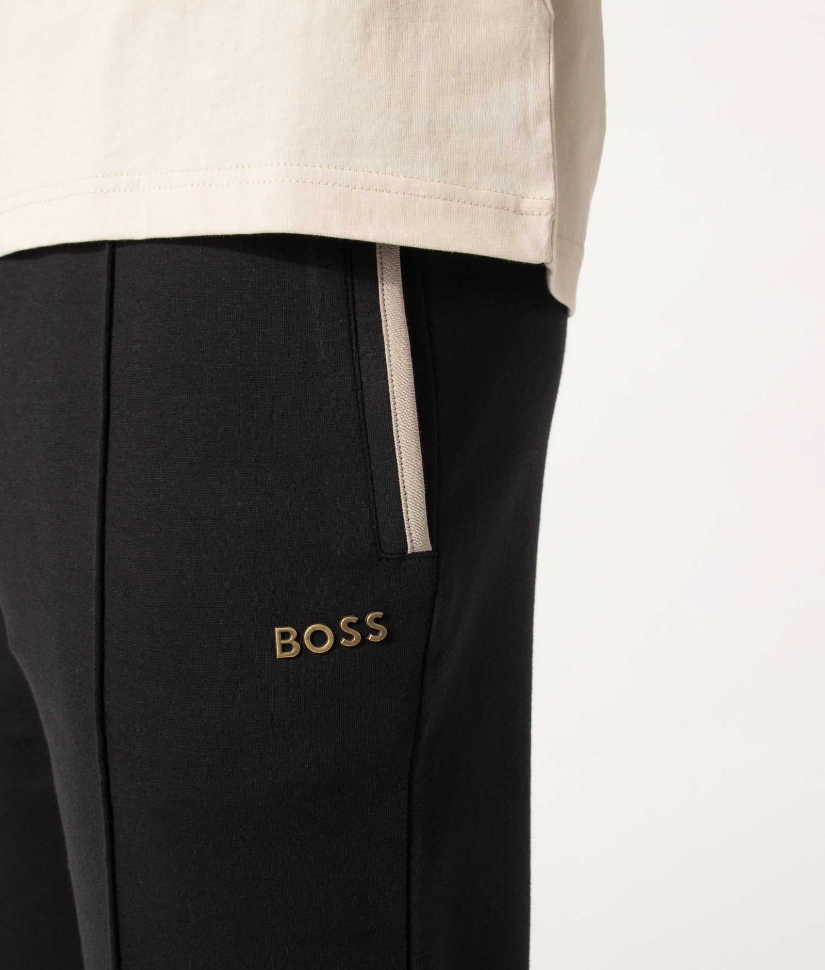 BOSS Regular Fit Sense Joggers in Black at EQVVS Menswear. Detail shot.