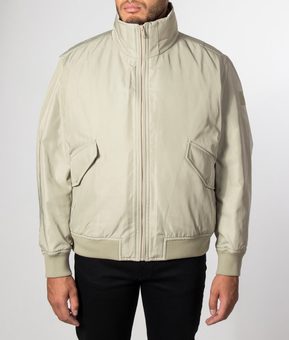 BOSS Relaxed Fit Ojens Jacket in Open Green at EQVVS Menswear. Model front shot.