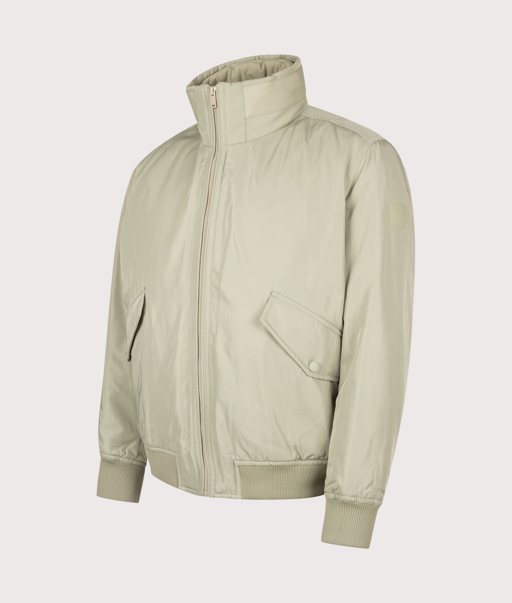 BOSS Relaxed Fit Ojens Jacket in Open Green at EQVVS Menswear. Angled froont shot.