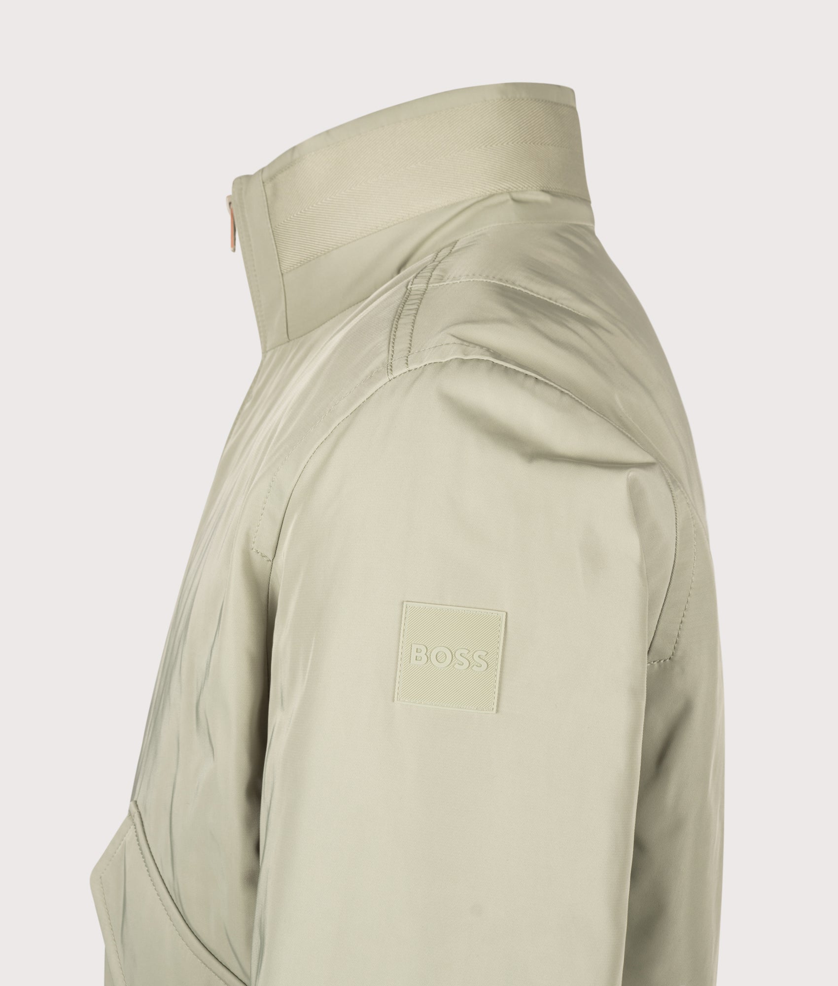BOSS Relaxed Fit Ojens Jacket in Open Green at EQVVS Menswear. Detail shot.