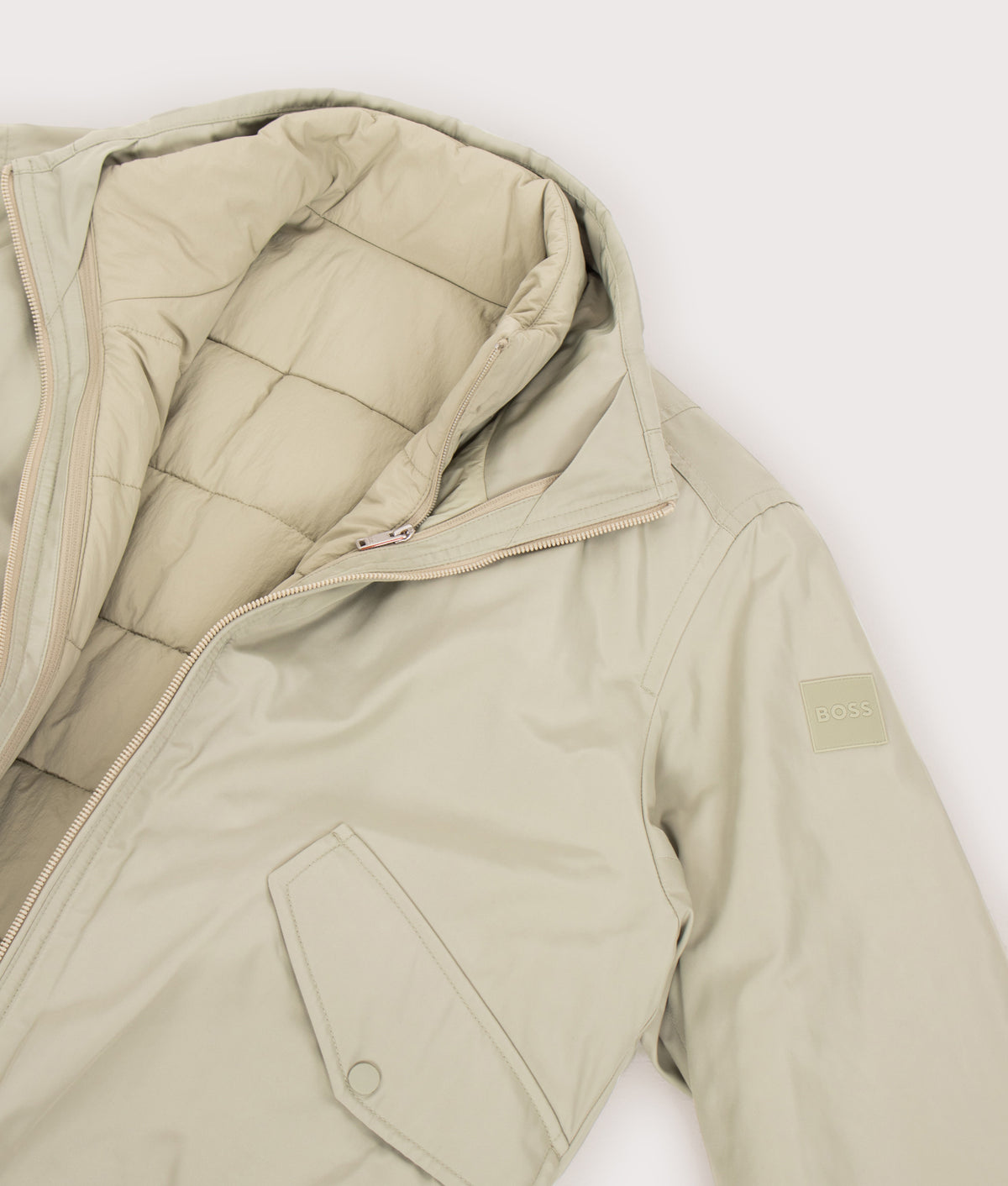 BOSS Relaxed Fit Ojens Jacket in Open Green at EQVVS Menswear. inside liner shot.