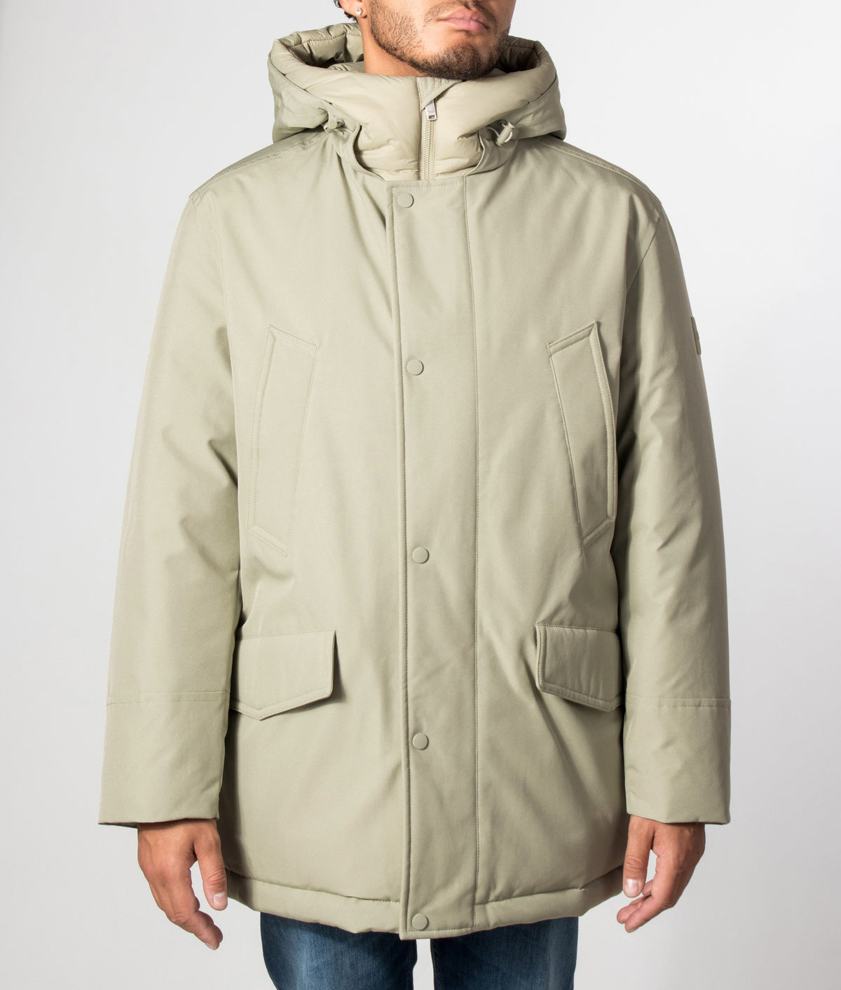 BOSS Regular Fit Osiass1 Parka in Open Green at EQVVS Menswear. Model front shot.