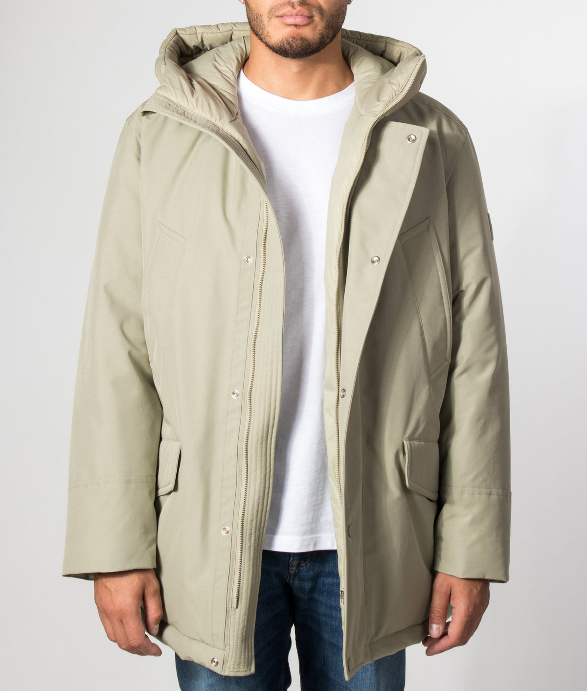 BOSS Regular Fit Osiass1 Parka in Open Green at EQVVS Menswear. Model front shot.