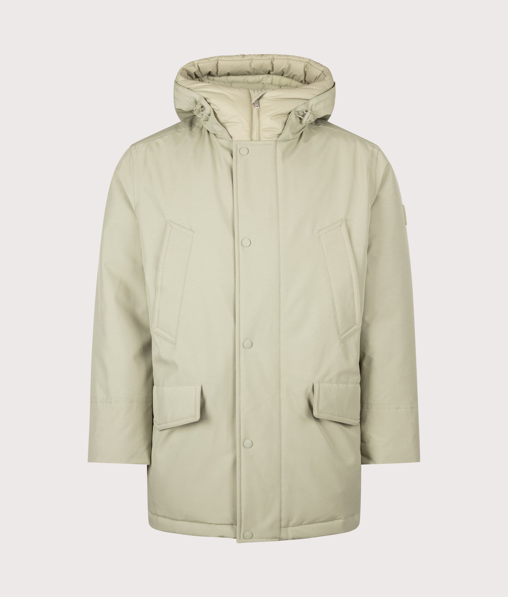 BOSS Regular Fit Osiass1 Parka in Open Green at EQVVS Menswear. Front shot.