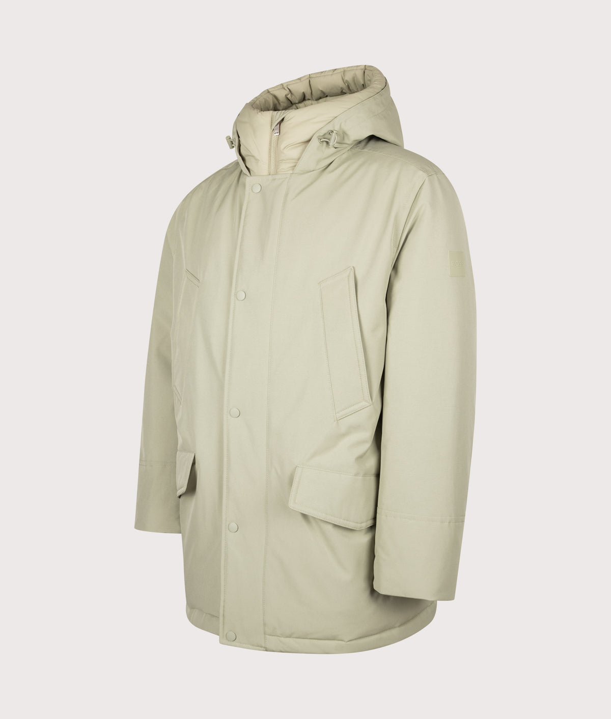 BOSS Regular Fit Osiass1 Parka in Open Green at EQVVS Menswear. Front shot.