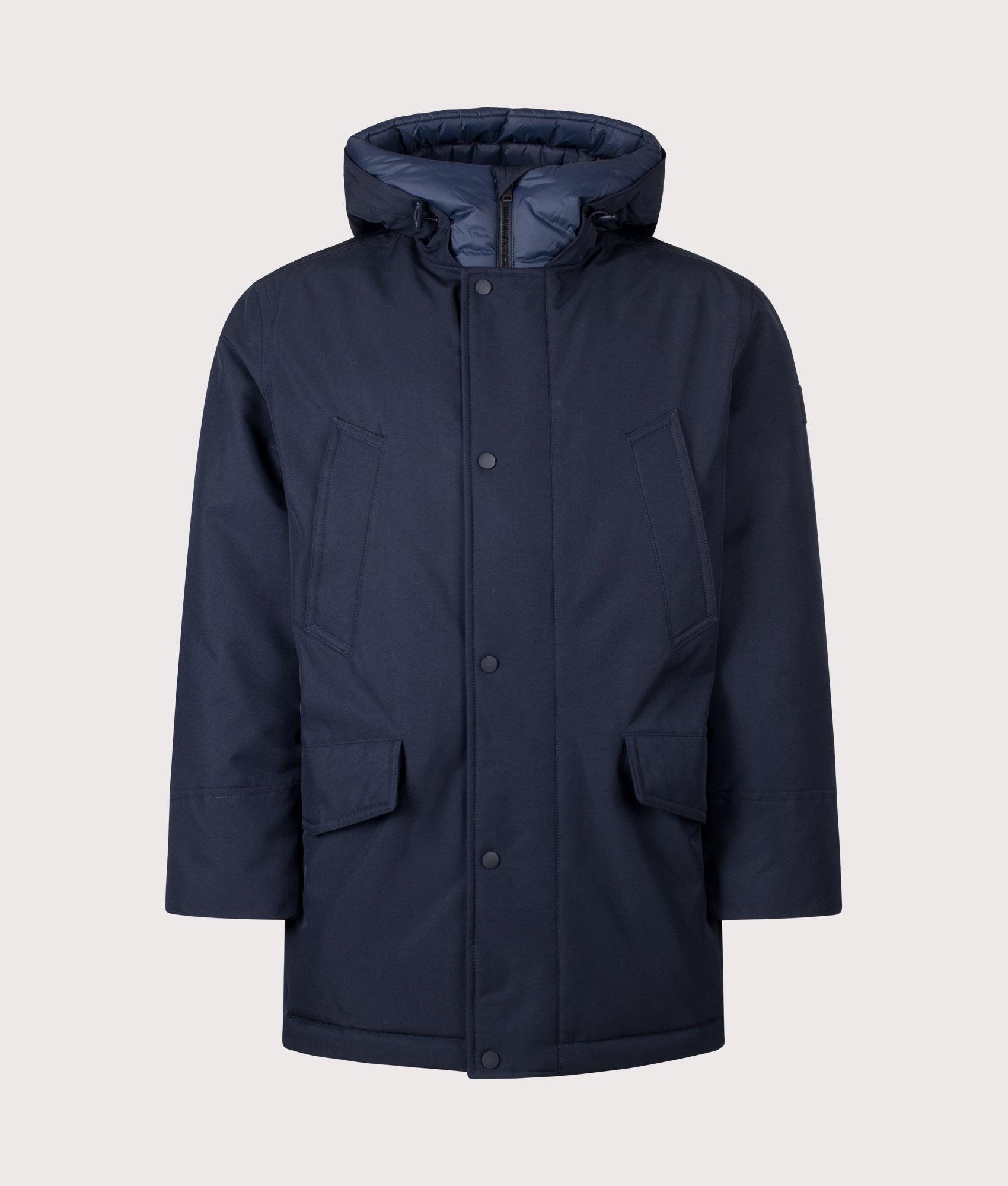 BOSS Regular Fit Osiass1 Parka in Dark Blue at EQVVS Menswear. Front shot.