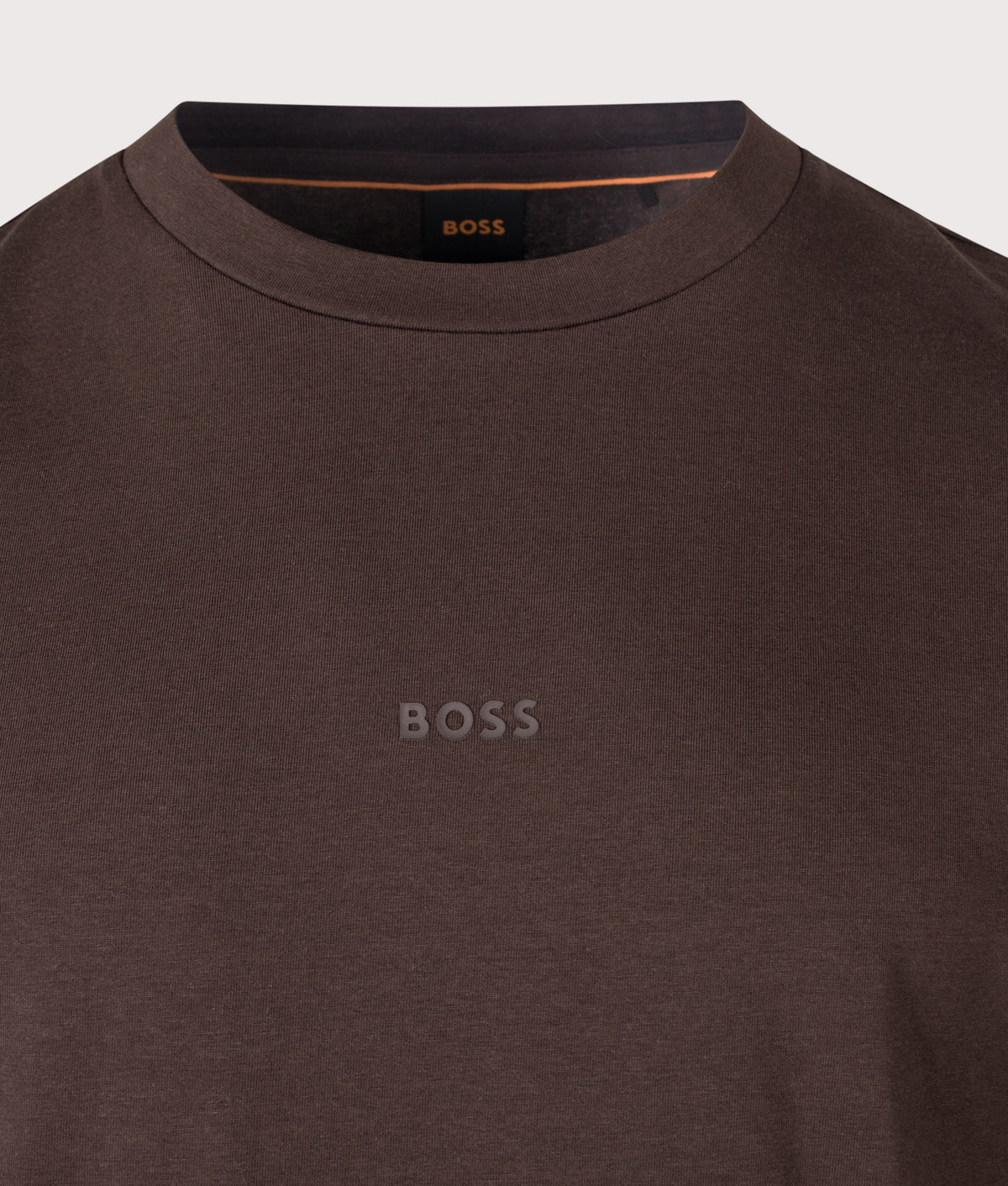 BOSS Relaxed Fit TChup T-Shirt in Dark Brown at EQVVS Menswear. Detail shot.