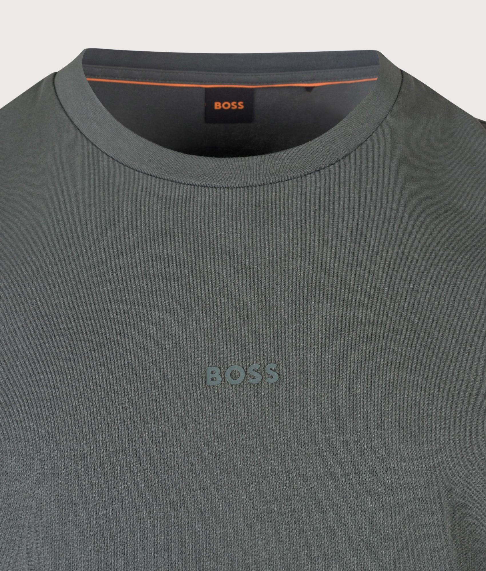 BOSS Relaxed Fit TChup T-Shirt in Open Green at EQVVS Menswear. Detail shot.