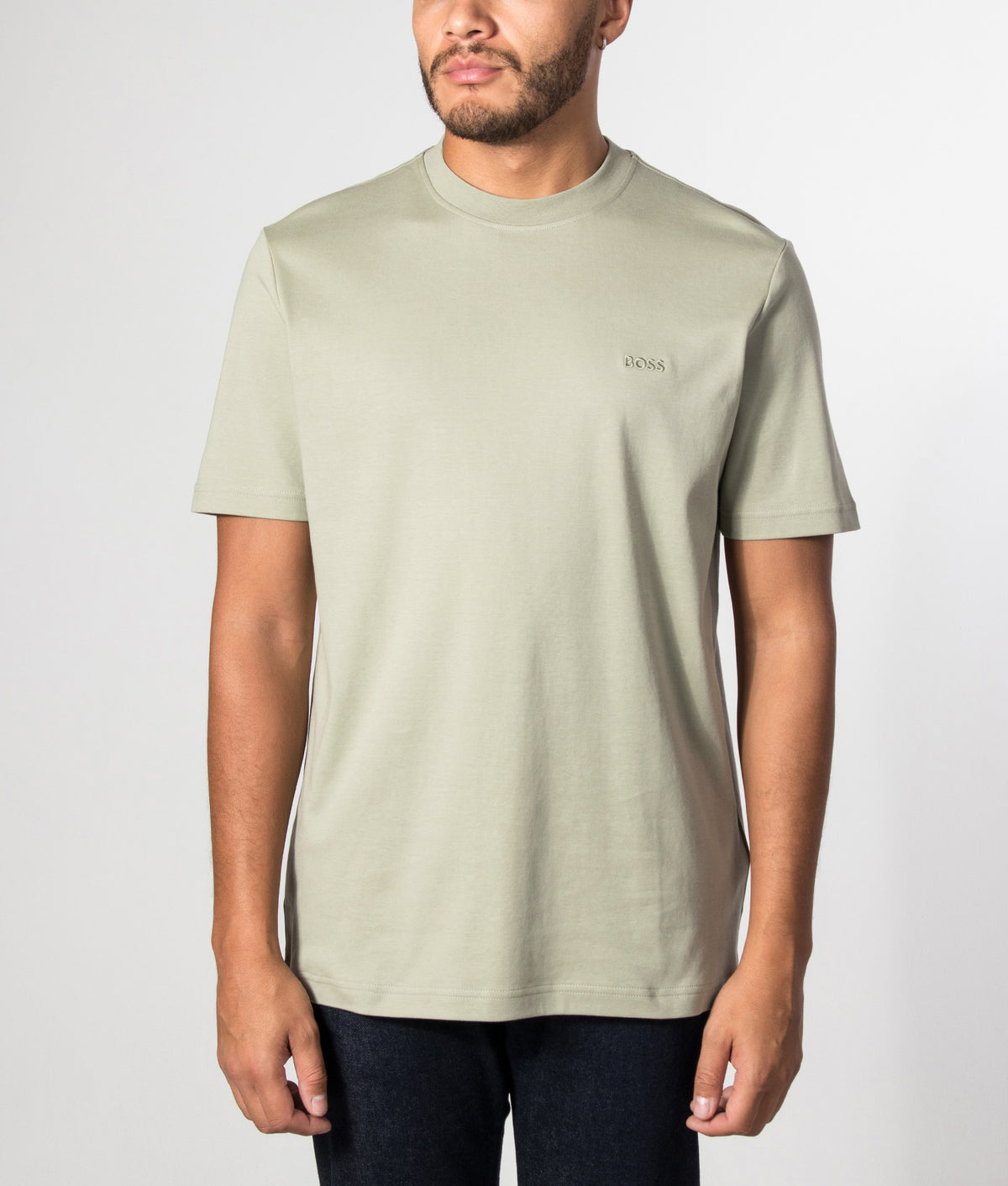 BOSS Regular Fit Te Interlock T-Shirt in Open Green at EQVVS Menswear. Model front shot.