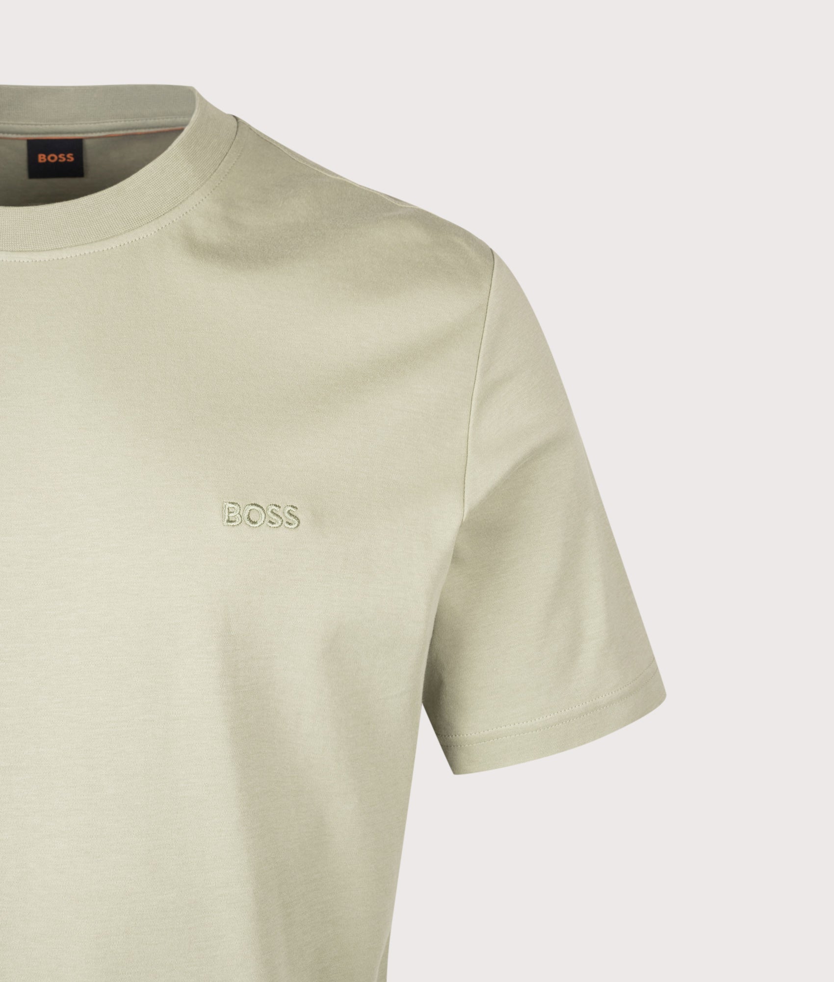BOSS Regular Fit Te Interlock T-Shirt in Open Green at EQVVS Menswear. Detail shot.