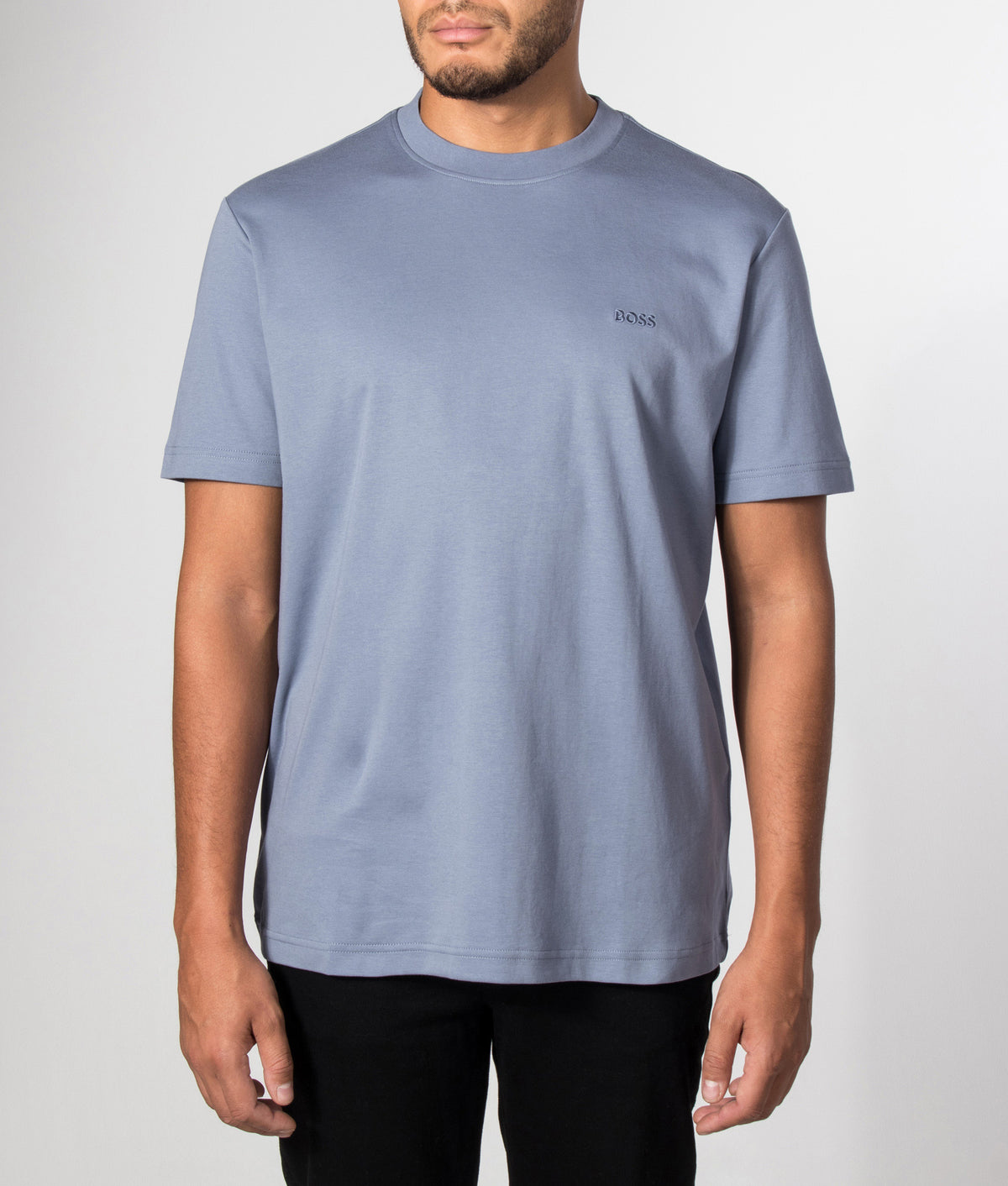 BOSS Regular Fit Te Interlock T-Shirt in Medium Blue at EQVVS Menswear. Model front shot.