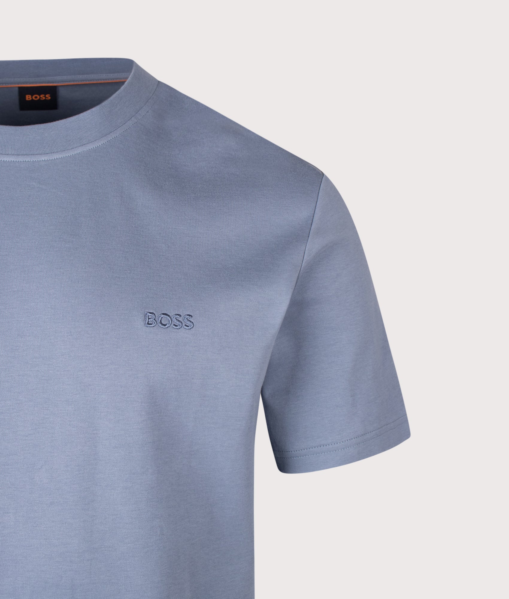 BOSS Regular Fit Te Interlock T-Shirt in Medium Blue at EQVVS Menswear. Detail shot.
