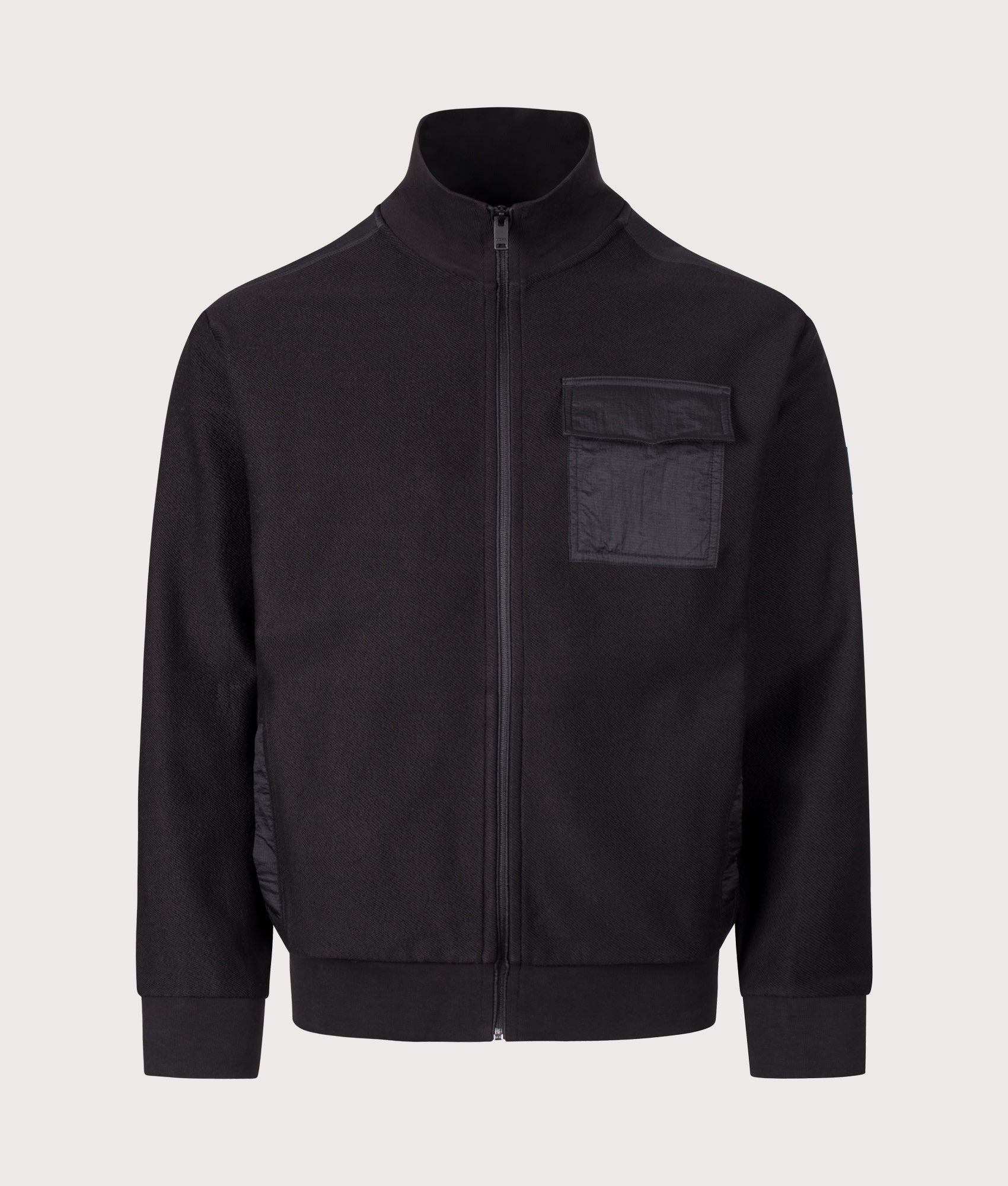 BOSS Relaxed Fit Ze Urban Zip Through Sweatshirt in Black at EQVVS Menswear. Front shot.