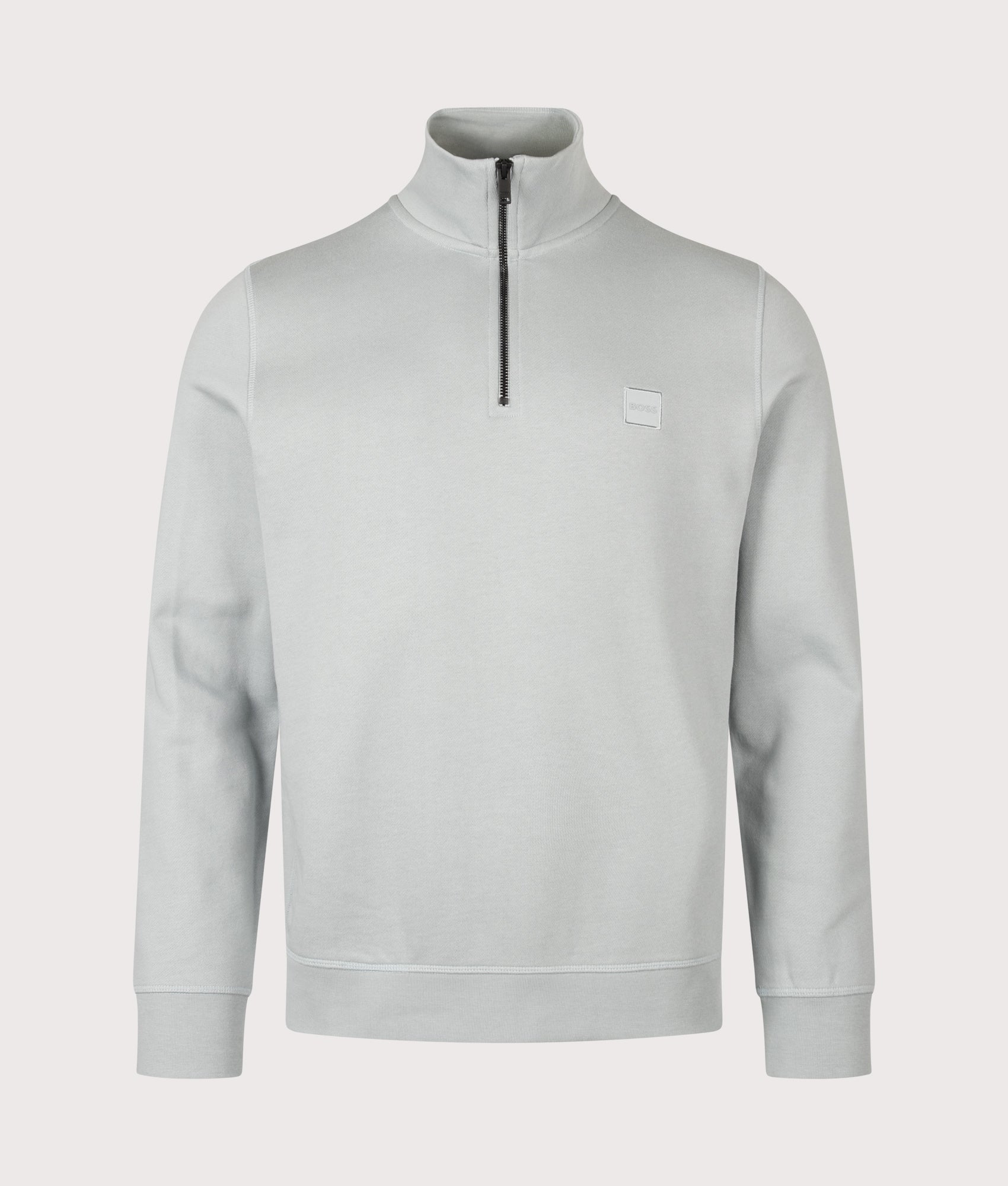 BOSS Zetrust Quarter Zip Sweatshirt in Open Grey at EQVVS Menswear. Front shot.