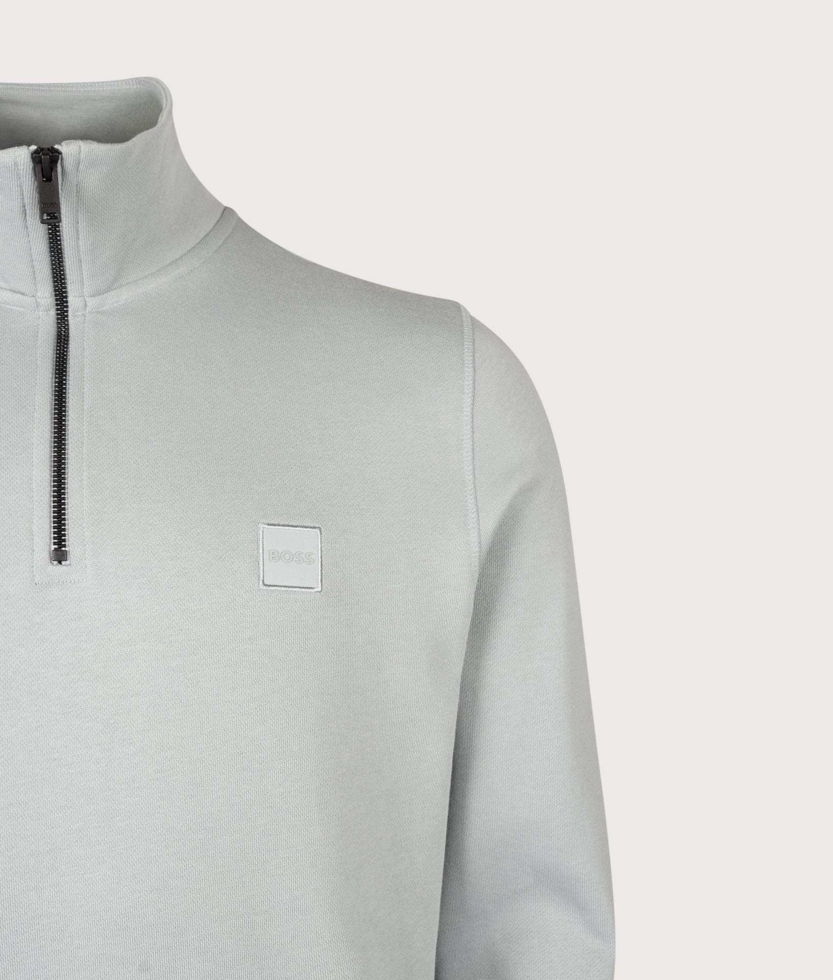 BOSS Zetrust Quarter Zip Sweatshirt in Open Grey at EQVVS Menswear. Detail shot.