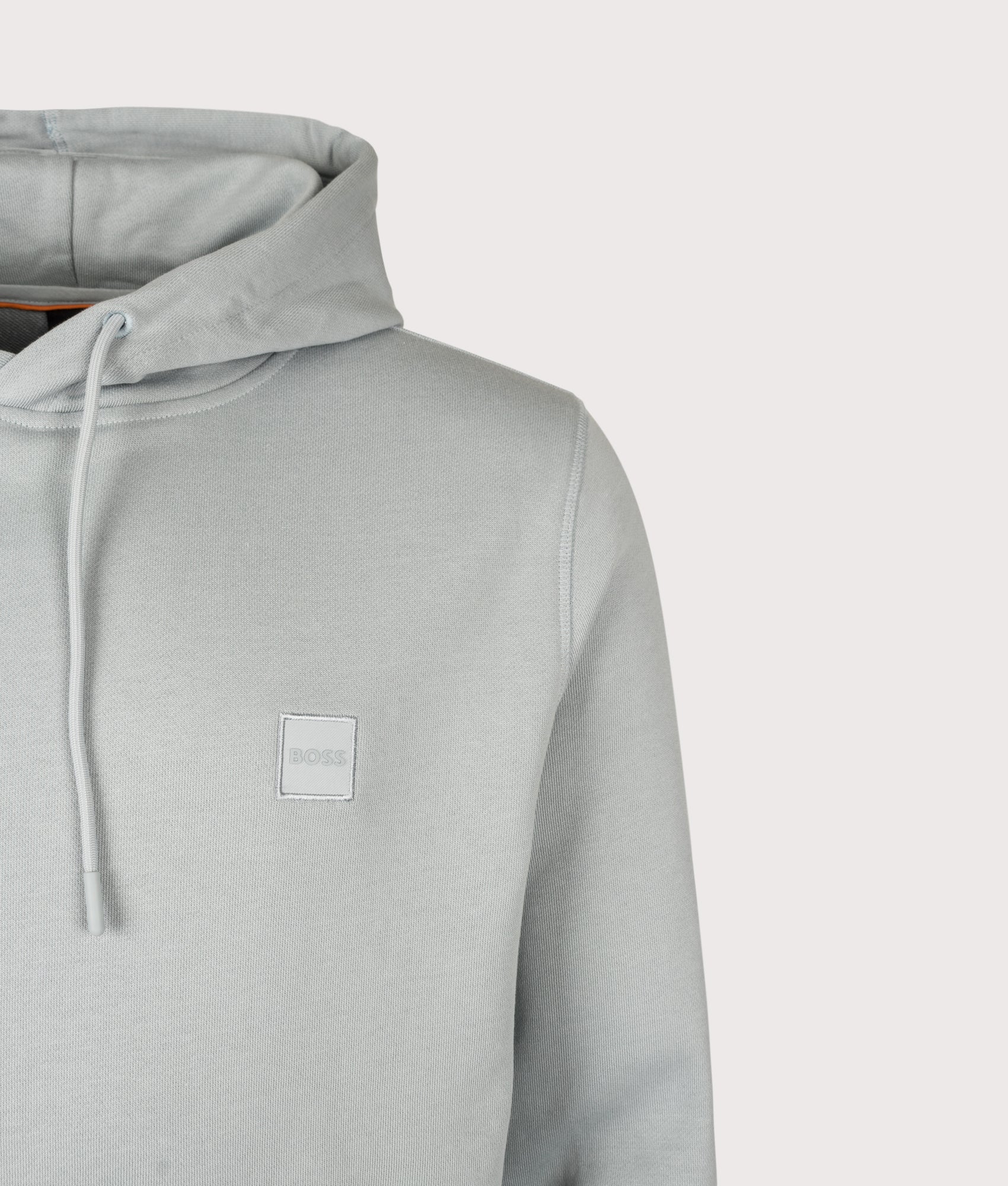 BOSS Wetalk Hoodie in Open Grey at EQVVS Menswear. Detail shot.