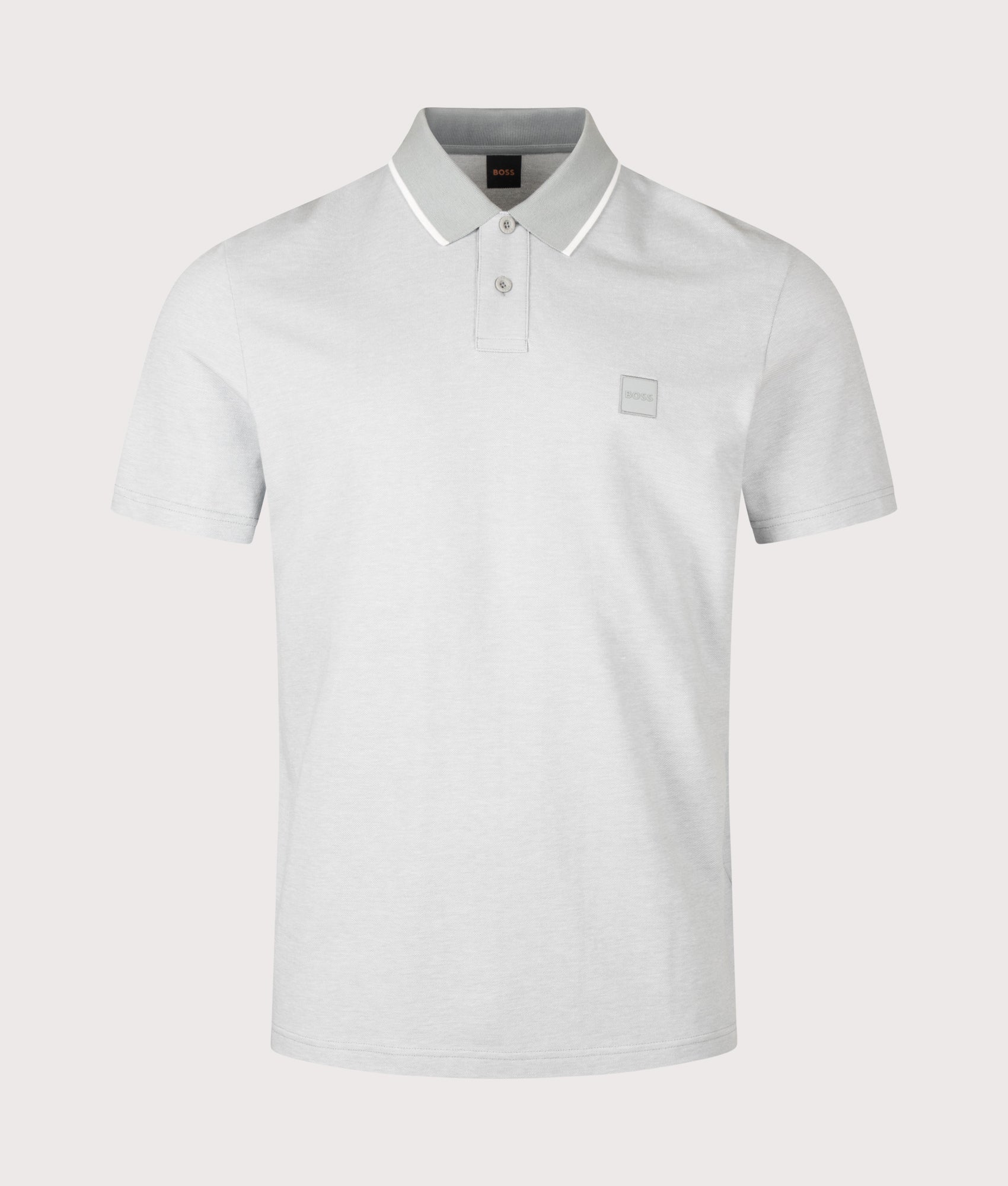 BOSS Regular Fit Passerford Polo Shirt in Open Grey at EQVVS Menswear. Front shot.