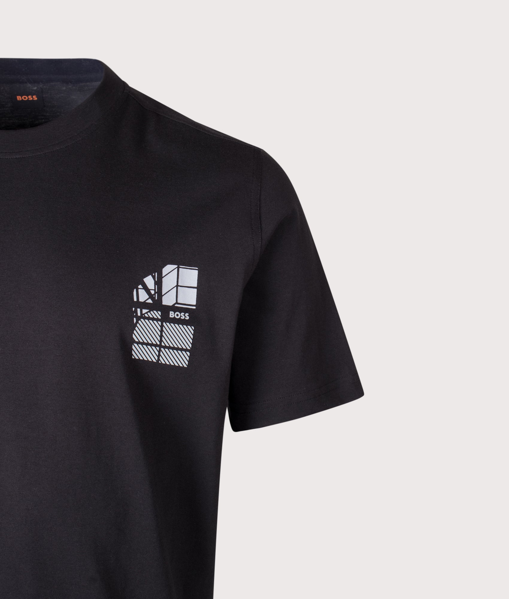 BOSS Regular Fit Te Blueprint T-Shirt in Black at EQVVS Menswear. Detail shot.