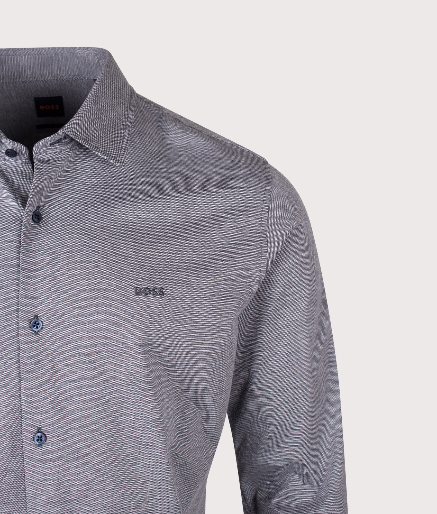 BOSS Slim Fit Mysoft 2 M Shirt in Dark Blue at EQVVS Menswear. Detail shot.