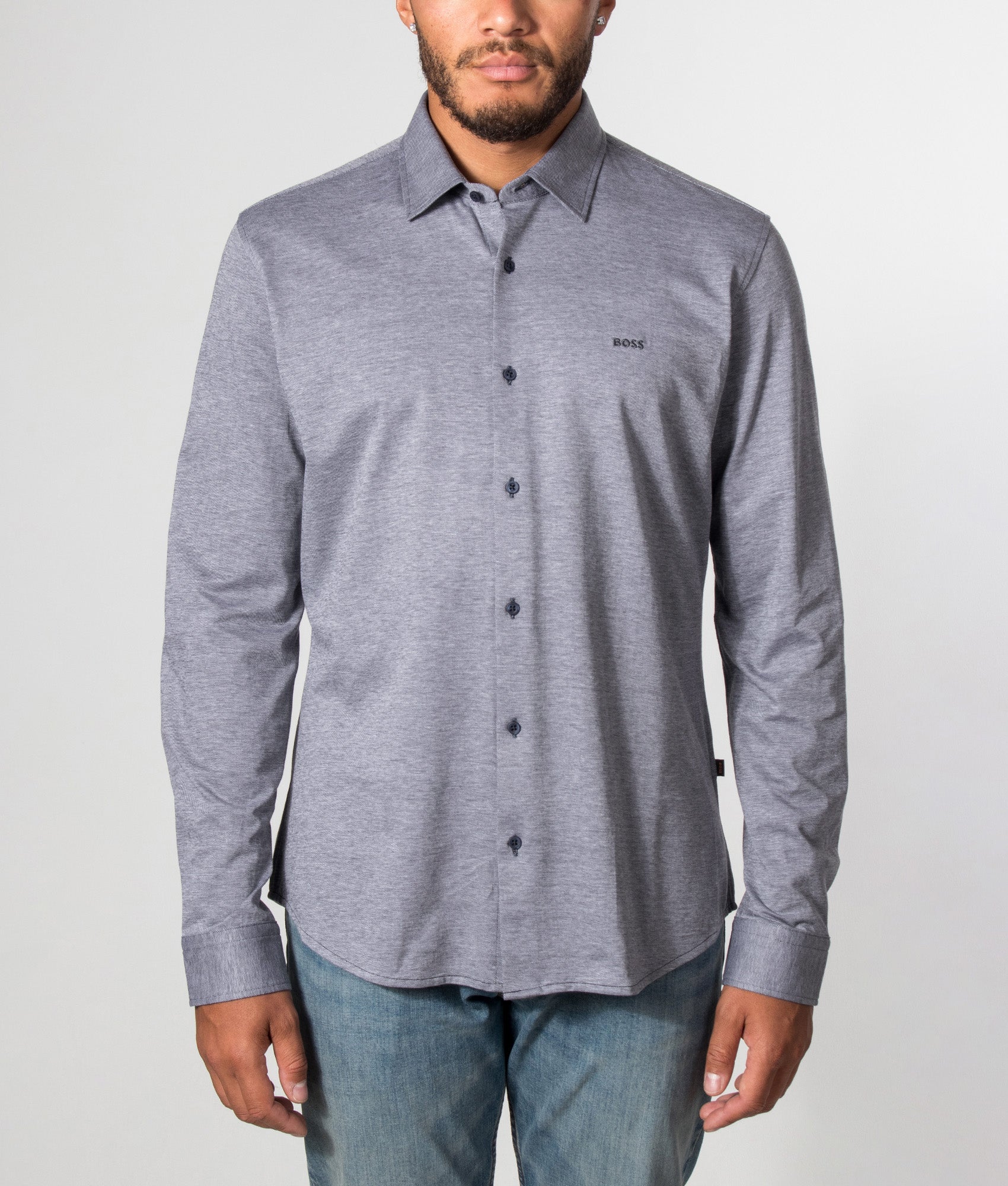 BOSS Slim Fit Mysoft 2 M Shirt in Dark Blue at EQVVS Menswear. Model front shot.