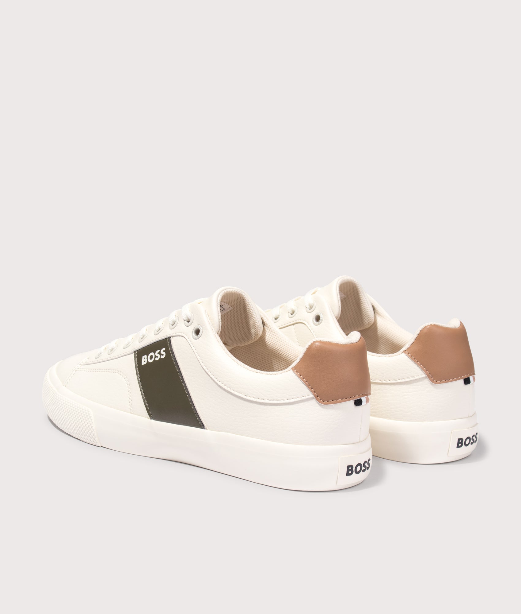 BOSS Aiden Tenn Trainers in Open White at EQVVS Menswear. Angled back shot.