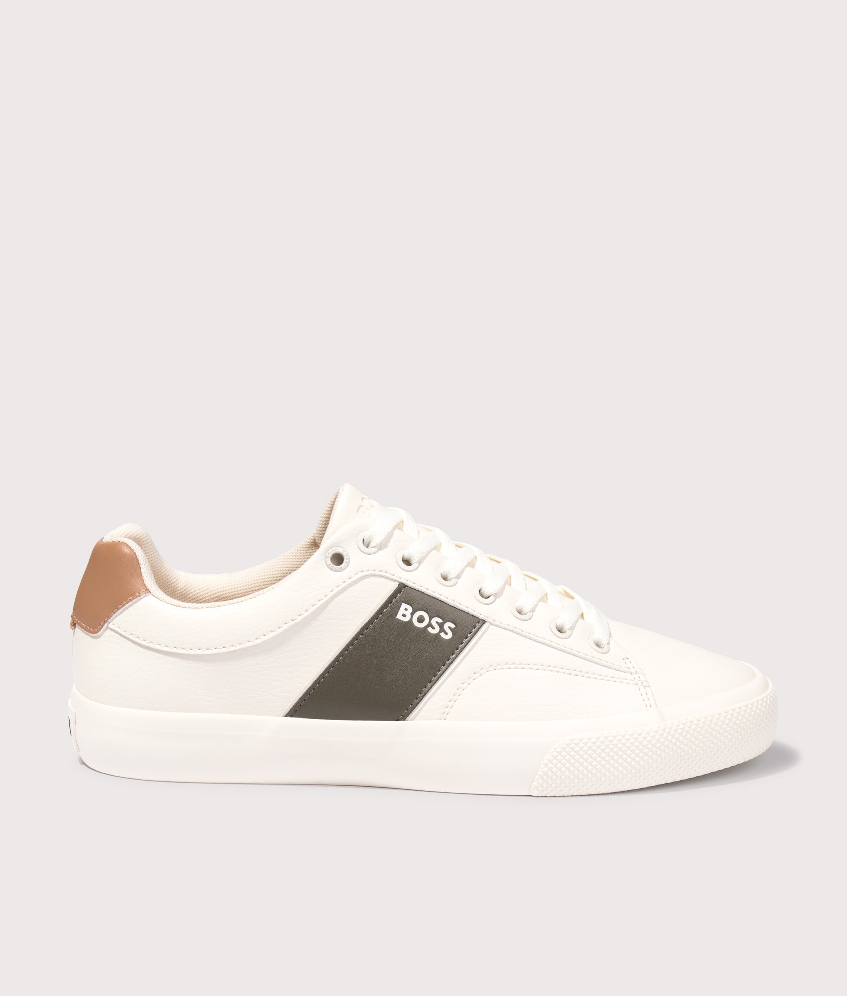 BOSS Aiden Tenn Trainers in Open White at EQVVS Menswear. Side detail shot.