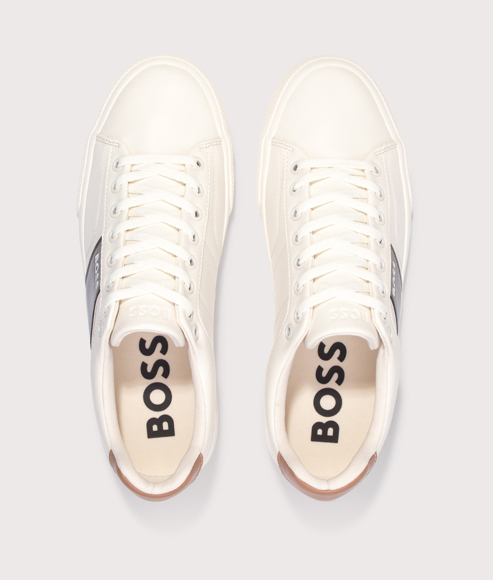 BOSS Aiden Tenn Trainers in Open White at EQVVS Menswear. Top shot.