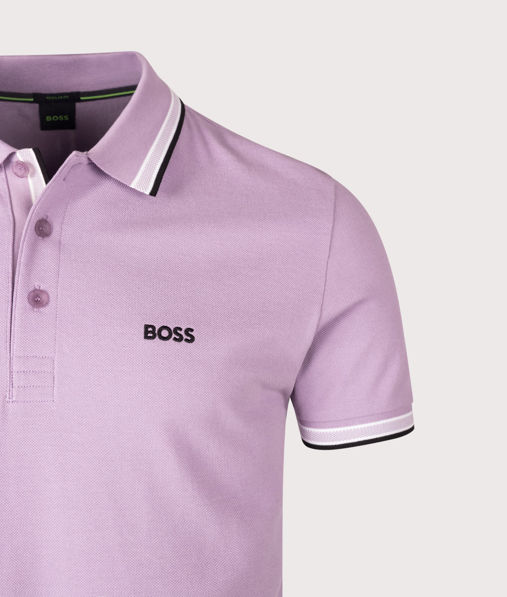 BOSS Paddy Polo shirt in Light/Pastel Purple at EQVVS Menswear. Detail shot.
