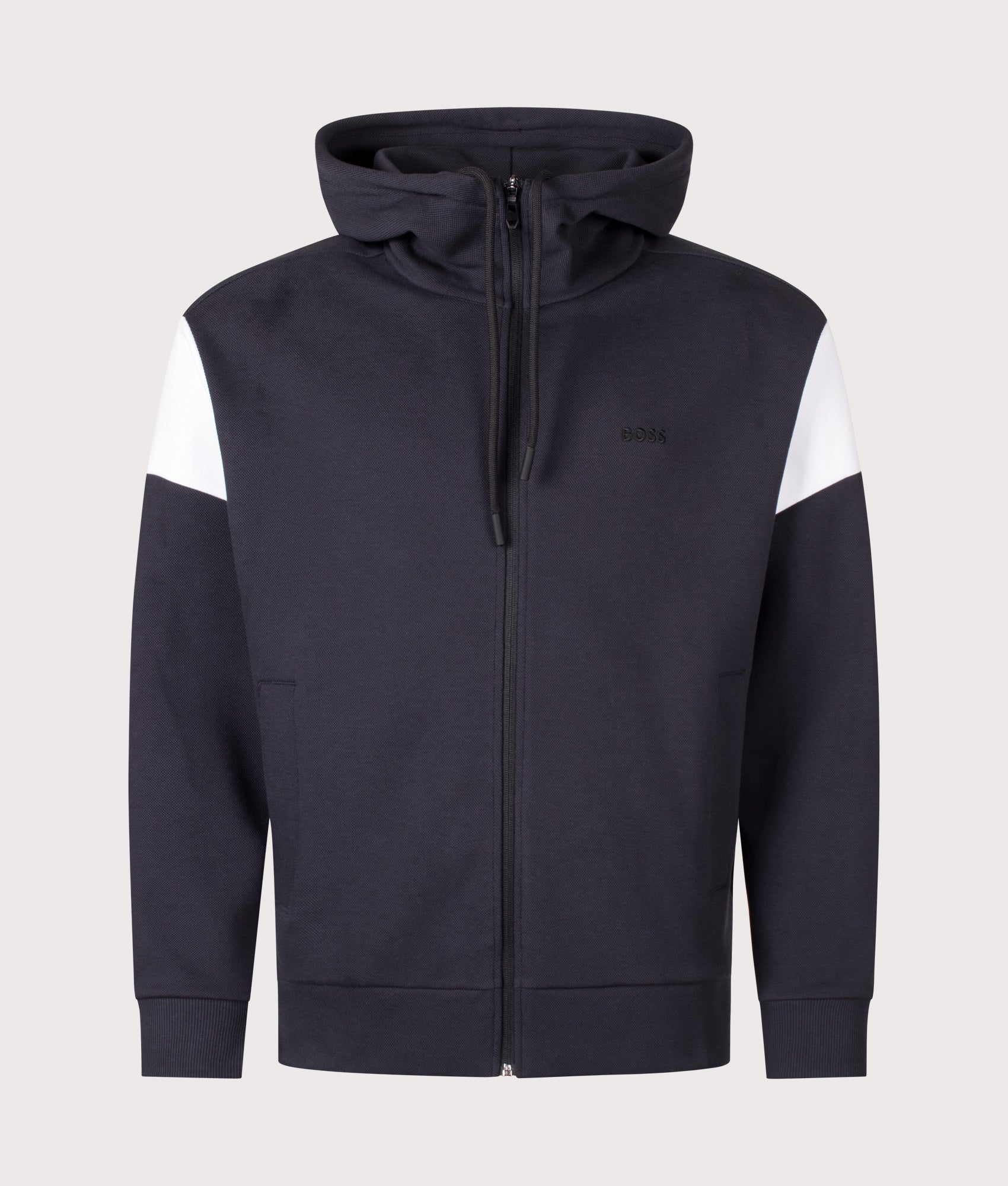 BOSS Regular Fit Union Saggy Hoodie in Dark Blue at EQVVS Menswear. Front shot.