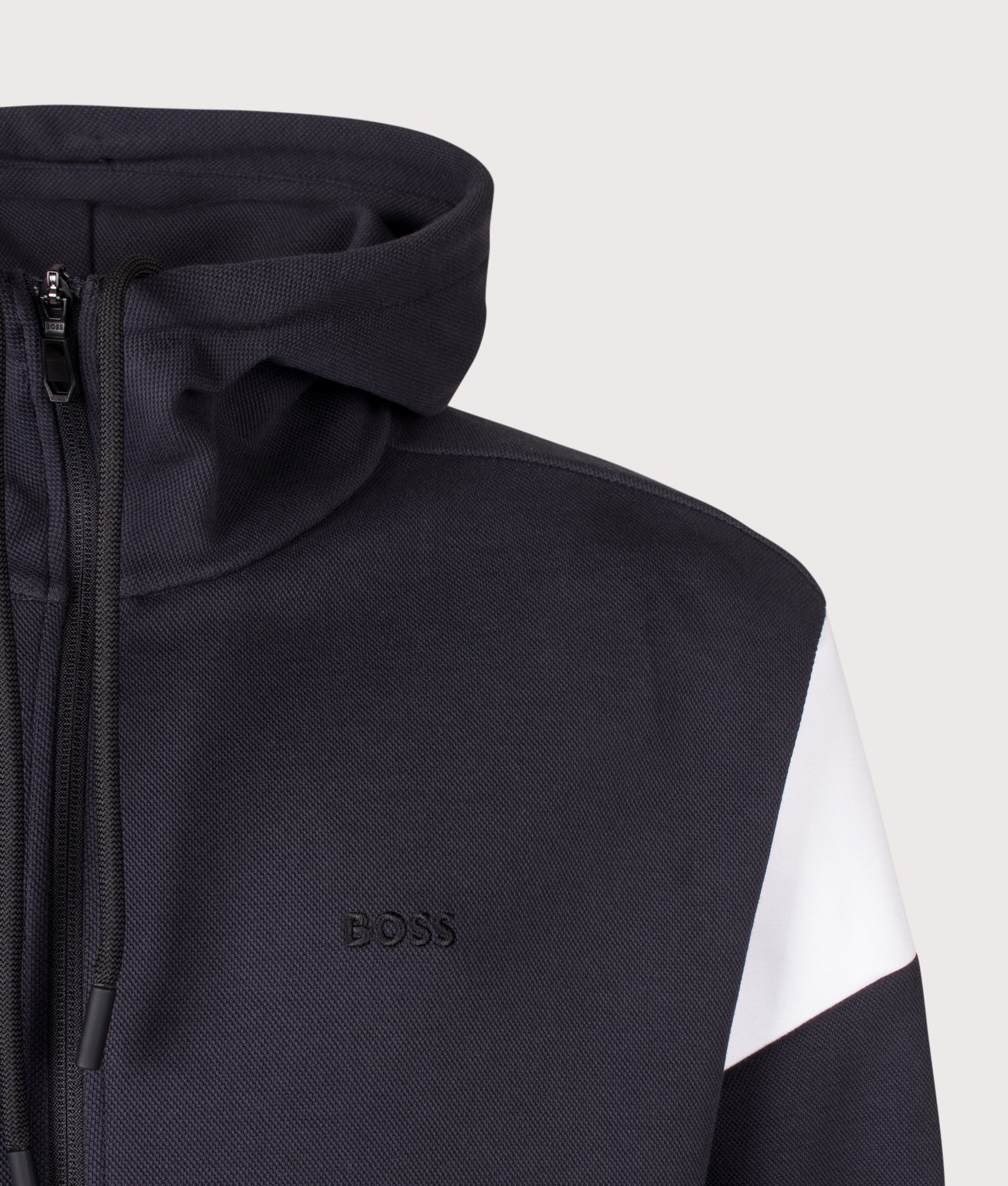 BOSS Regular Fit Union Saggy Hoodie in Dark Blue at EQVVS Menswear. Detail shot.