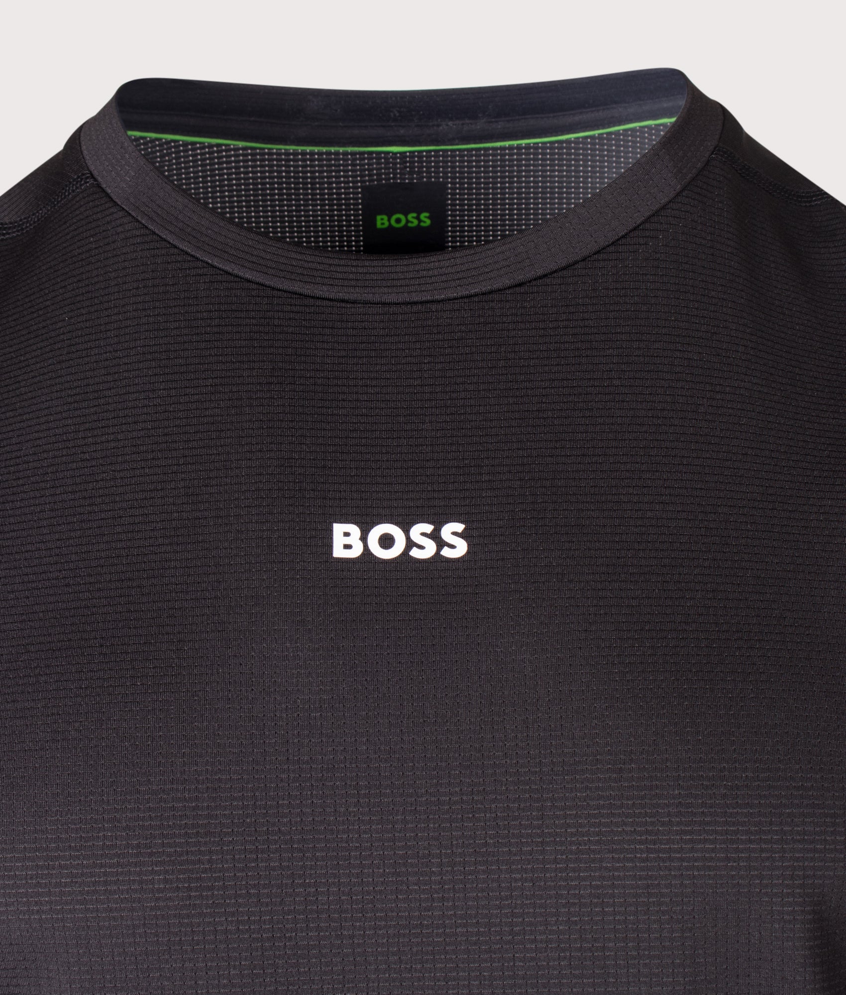 BOSS Slim Fit Active T-Shirt in Black at EQVVS Menswear. Detail shot.