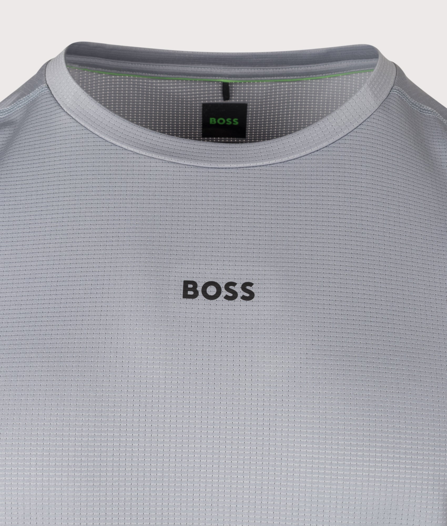 BOSS Slim Fit Active T-Shirt in Dark Grey at EQVVS Menswear. Detail shot.