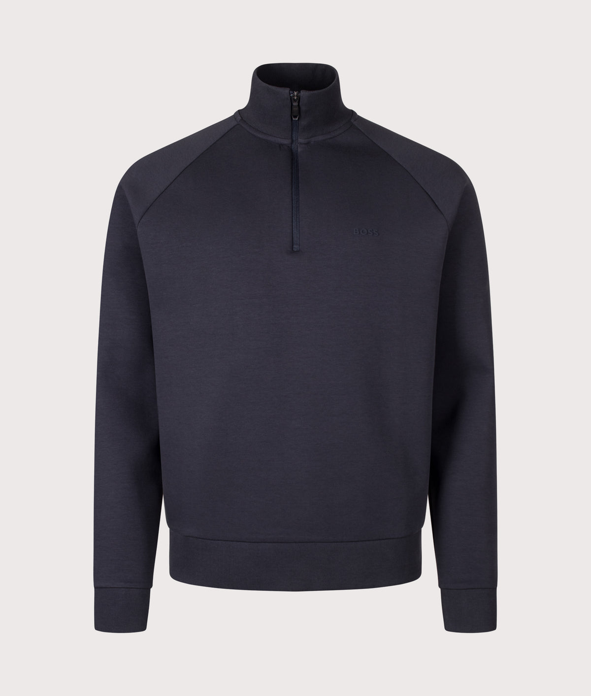 BOSS Regular Fit Quarter Zip Sweatshirt in Dark Blue at EQVVS Menswear. Front shot.
